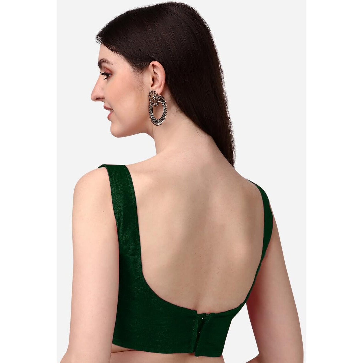 Pujia Mills Women's Deep Neck Silk Sleeveless Readymade Blouse (Sando_Green_38)