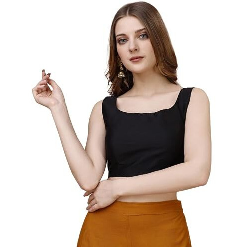 Womanista Women's Taffeta Solid Sleeveless Regular Fit Sequinned Blouse (BL_42_Black M)