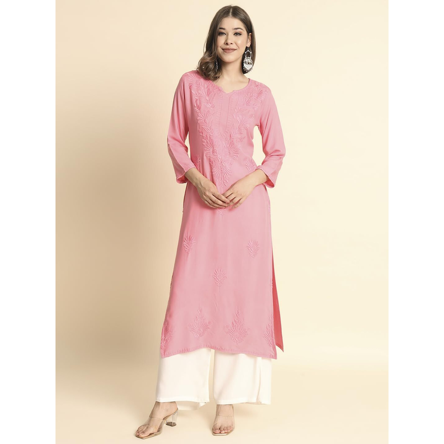VAIRAGEE Women's Rayon Straight Cut Round Neck Kurta with Beautiful Lucknowi Chickenkari Work (1593) Pink