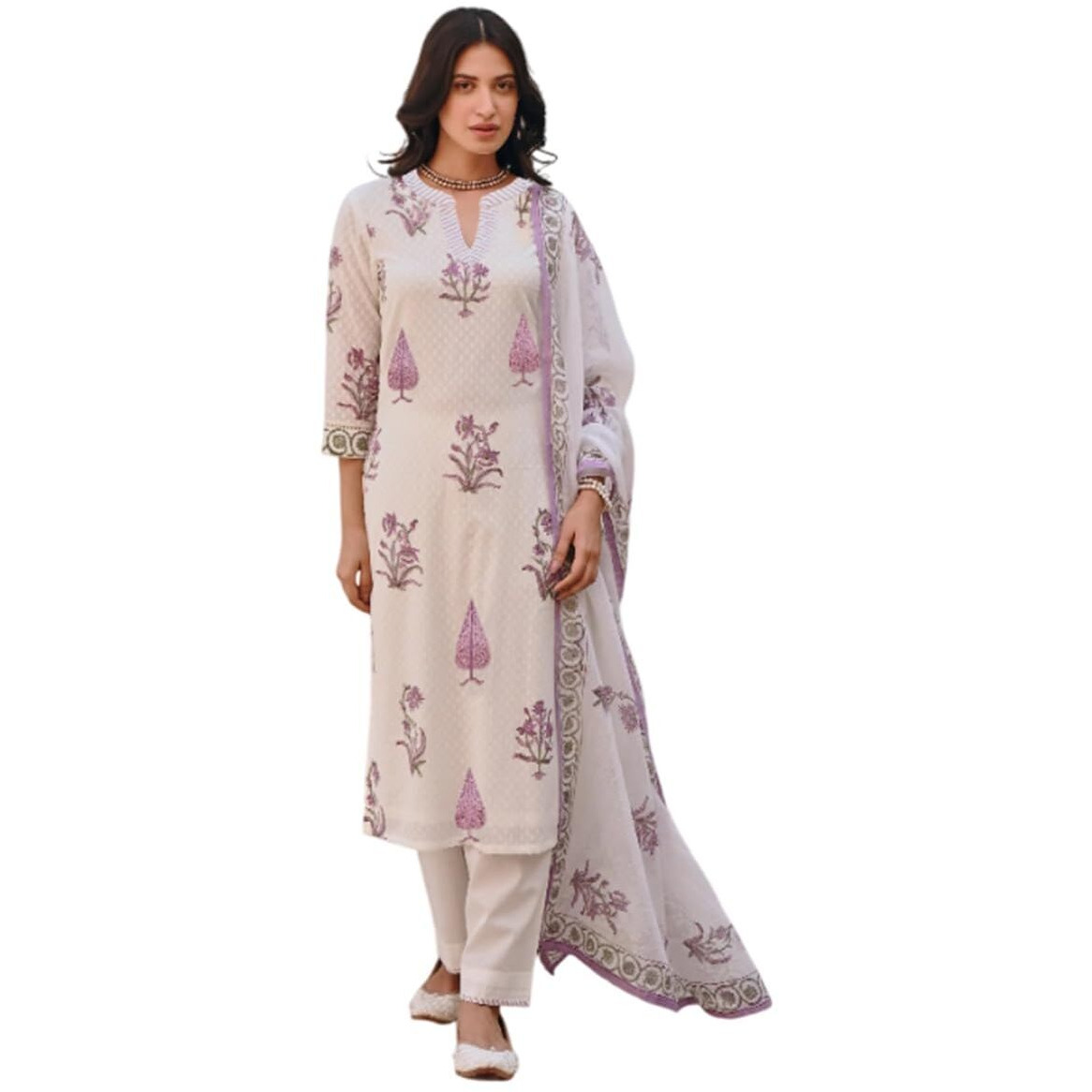 FABNEX kurta set for women | Women Kurta | Women Kurta Sets Kurtis | Women Kurta Pant Set | Women Kurta Pant Set with dupatta Women Kurti Set with Pant and dupatta (K-104-WHITE-S)