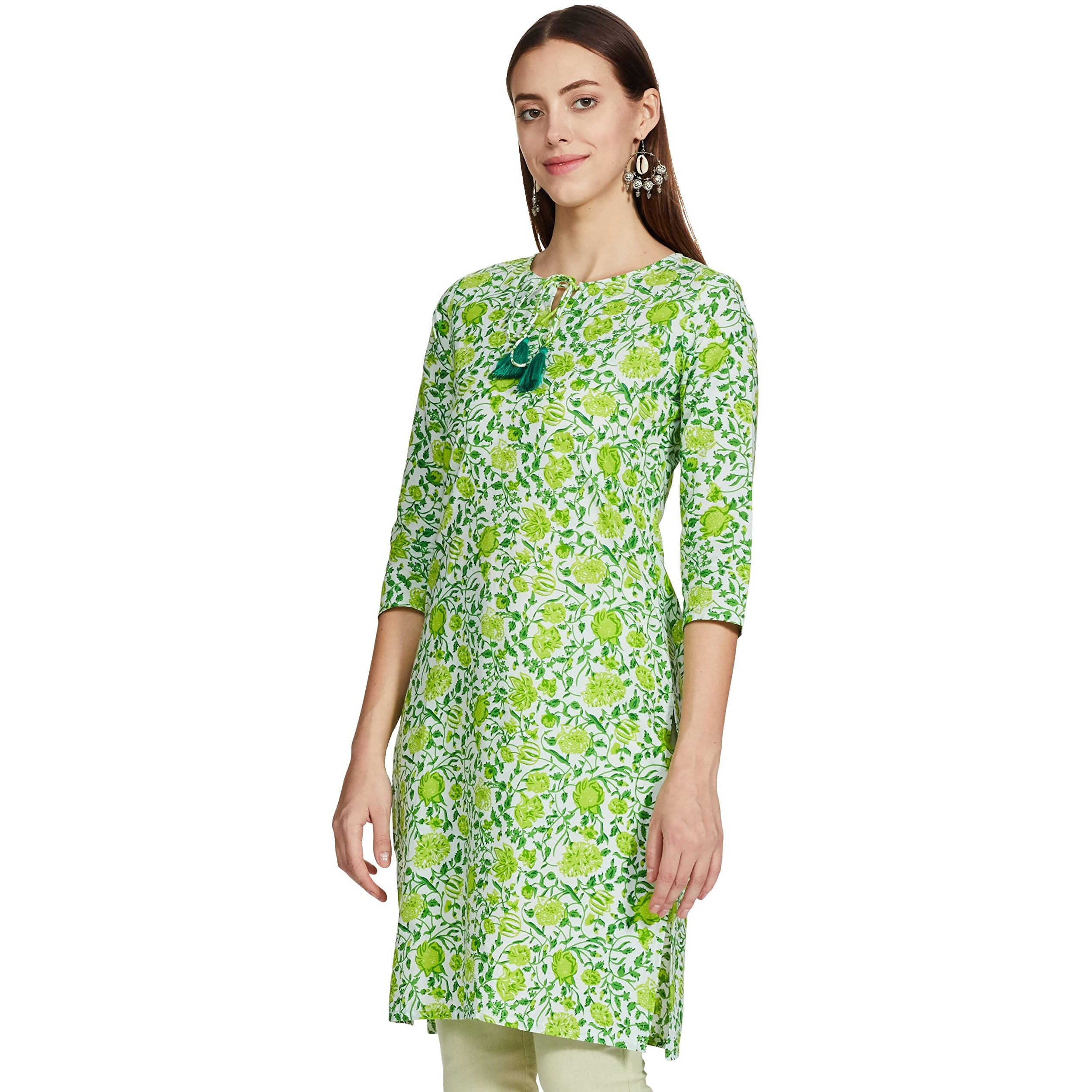 Amazon Brand - Myx Women's Cotton Regular Kurti (SS18E3_Green_L)