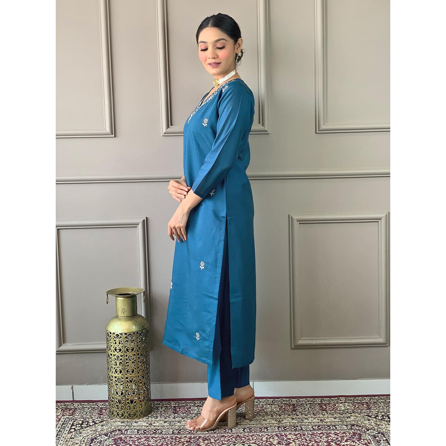 Naixa Women's Petrol Viscose Chanderi Embroidered Straight Kurta with Viscose Chanderi Pant and Chanderi Embroidered Dupatta Sets (S-Zarna-Petrol-L)