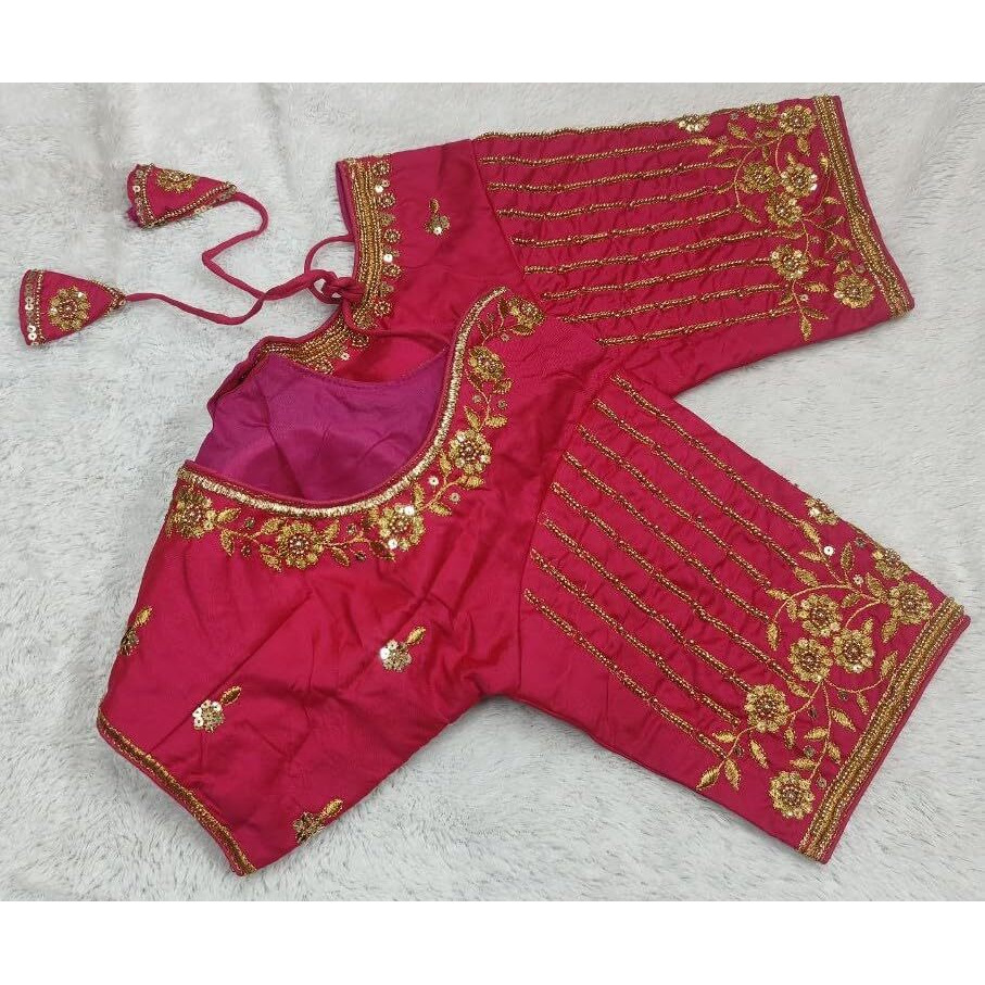 Pujia Mills Women's Readymade Bridal Embroidery Blouse Multi Coding maggam Work moti Work Indian Ethnic Designer Stitched Readymade Saree Half Sleeve Pink Blouse for Women for Saree Lehenga Choli