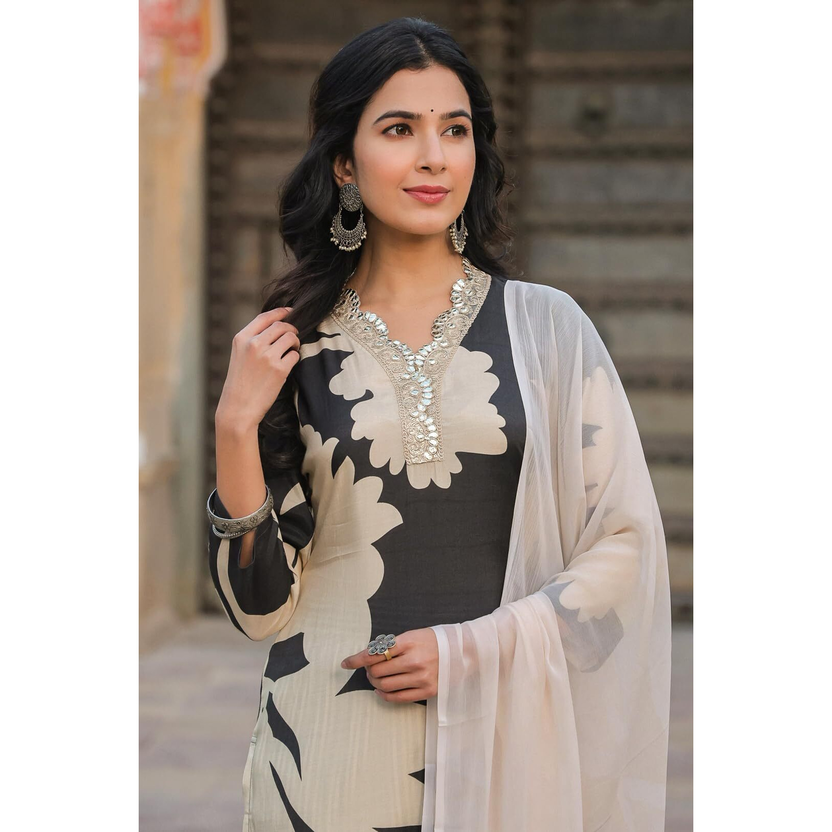 ANNI DESIGNER Women's Cotton Blend Straight Printed Kurta with Pant & Dupatta (5jee Black_3XL_Blue_XXX-Large)