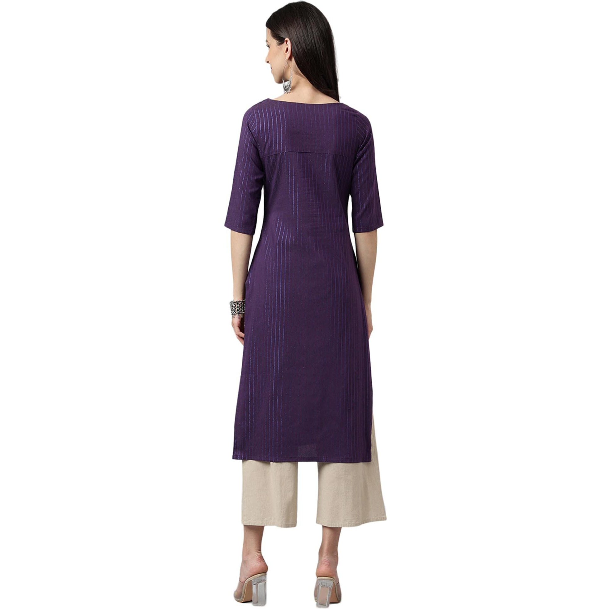 Hritika Women's Stylish Cotton Kurta with Stripes, Elegant Casual Ethnic Wear, Lightweight & Comfortable, Perfect Festive Occasions Purple (HRK0014VOLT_L)