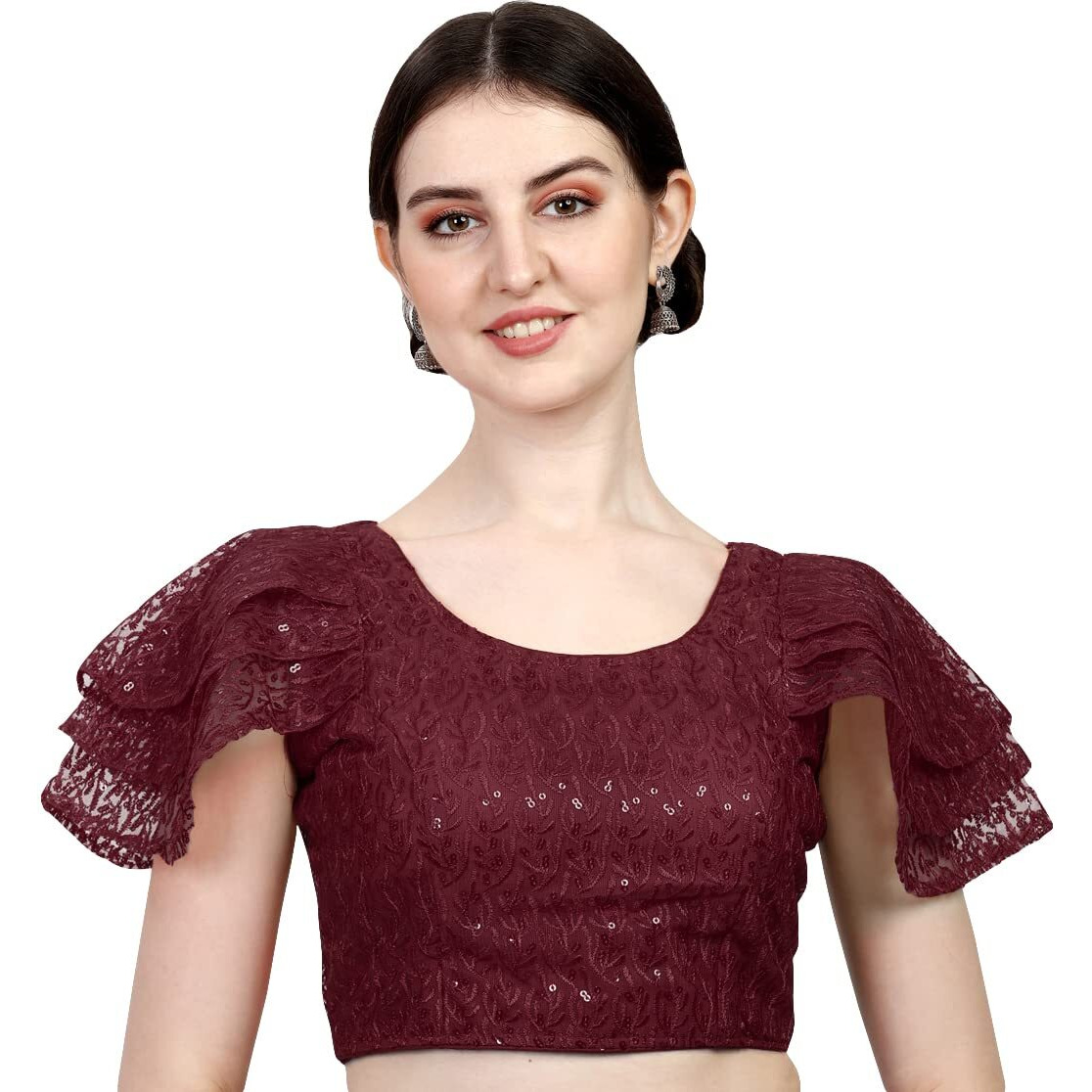 Pujia Mills Women's Shipali Net Work Ruffle Sleeves Readymade Saree Blouse (Shipli Jhadu Maroon_Maroon_38 Size + Margin)