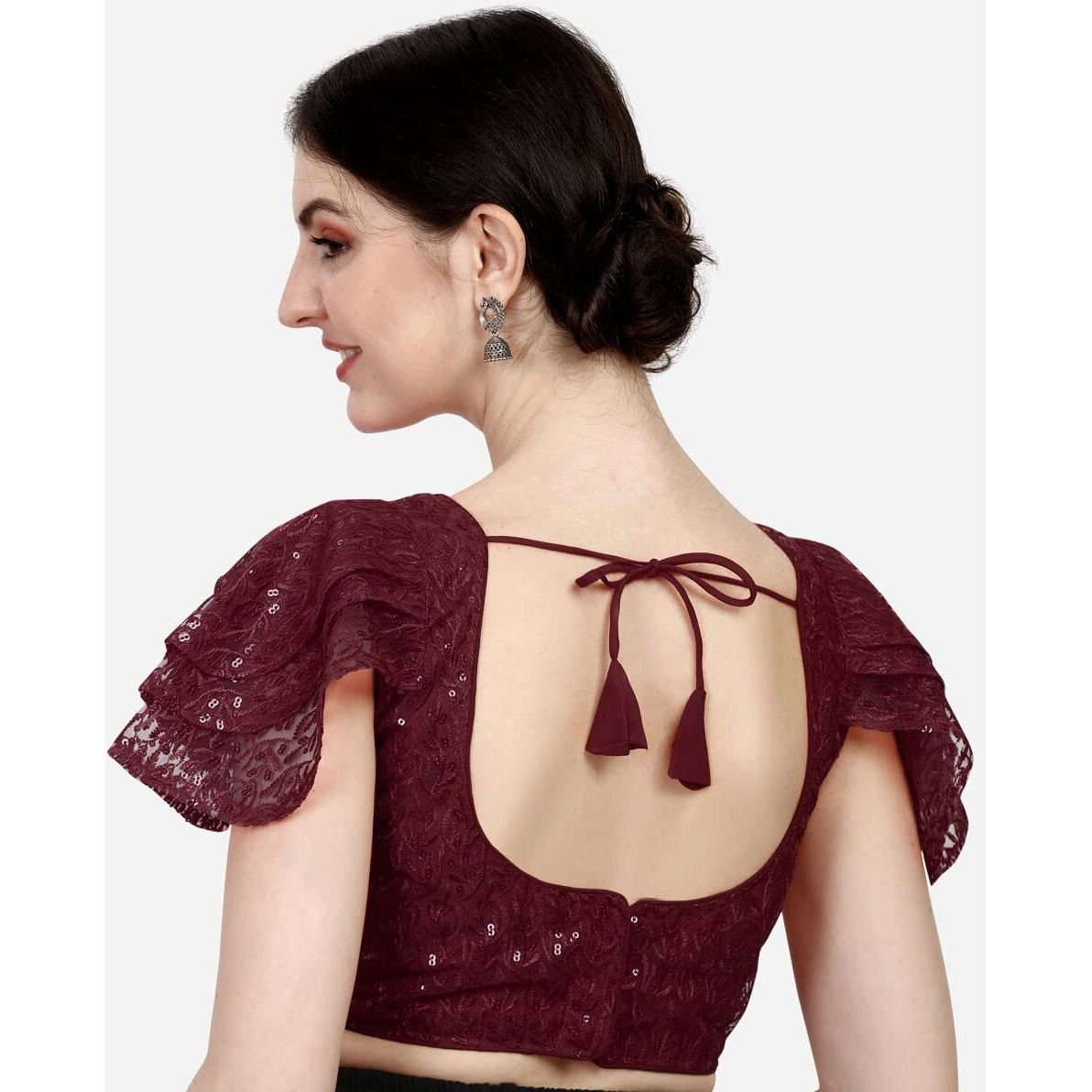 Pujia Mills Women's Shipali Net Work Ruffle Sleeves Readymade Saree Blouse (Shipli Jhadu Maroon_Maroon_38 Size + Margin)