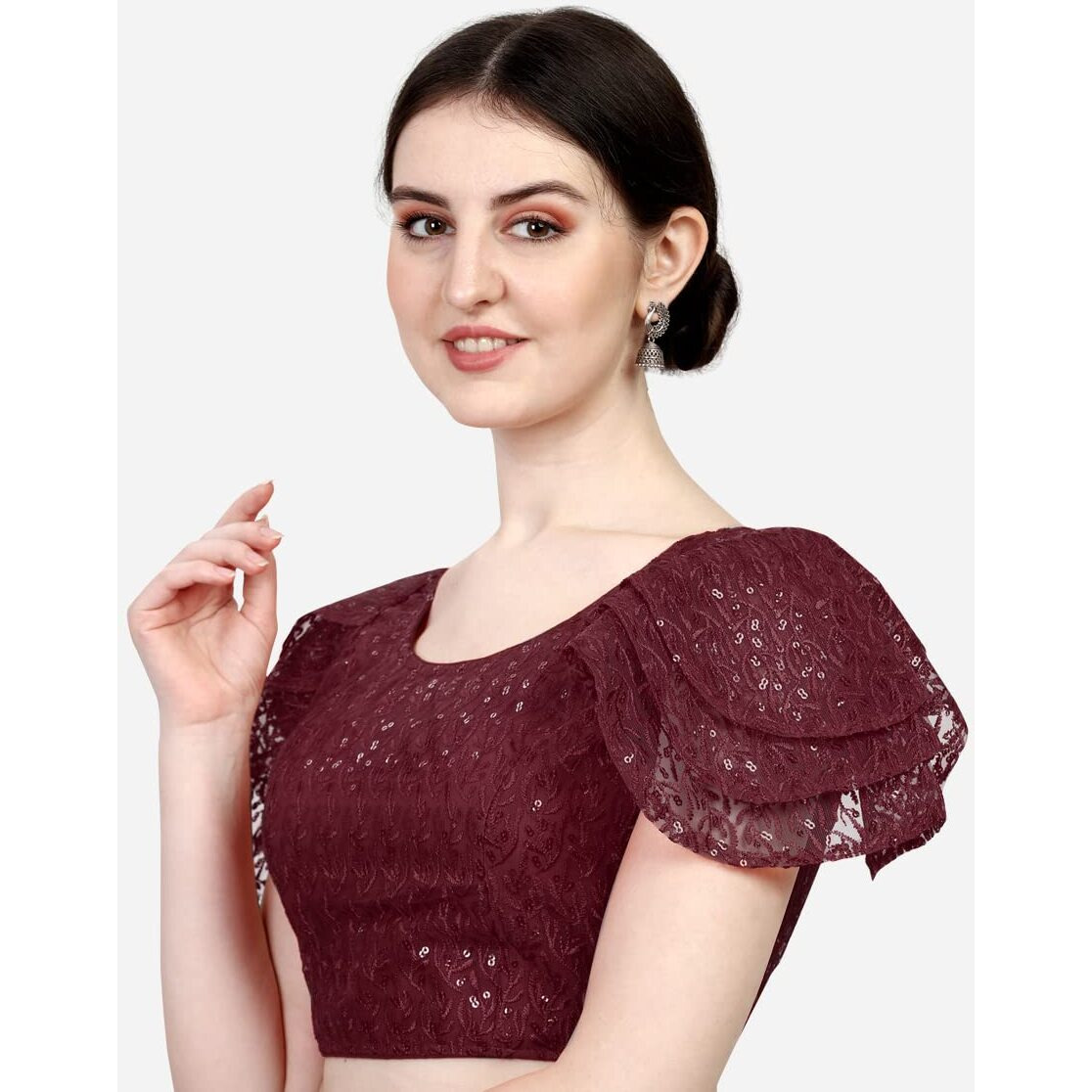 Pujia Mills Women's Shipali Net Work Ruffle Sleeves Readymade Saree Blouse (Shipli Jhadu Maroon_Maroon_38 Size + Margin)