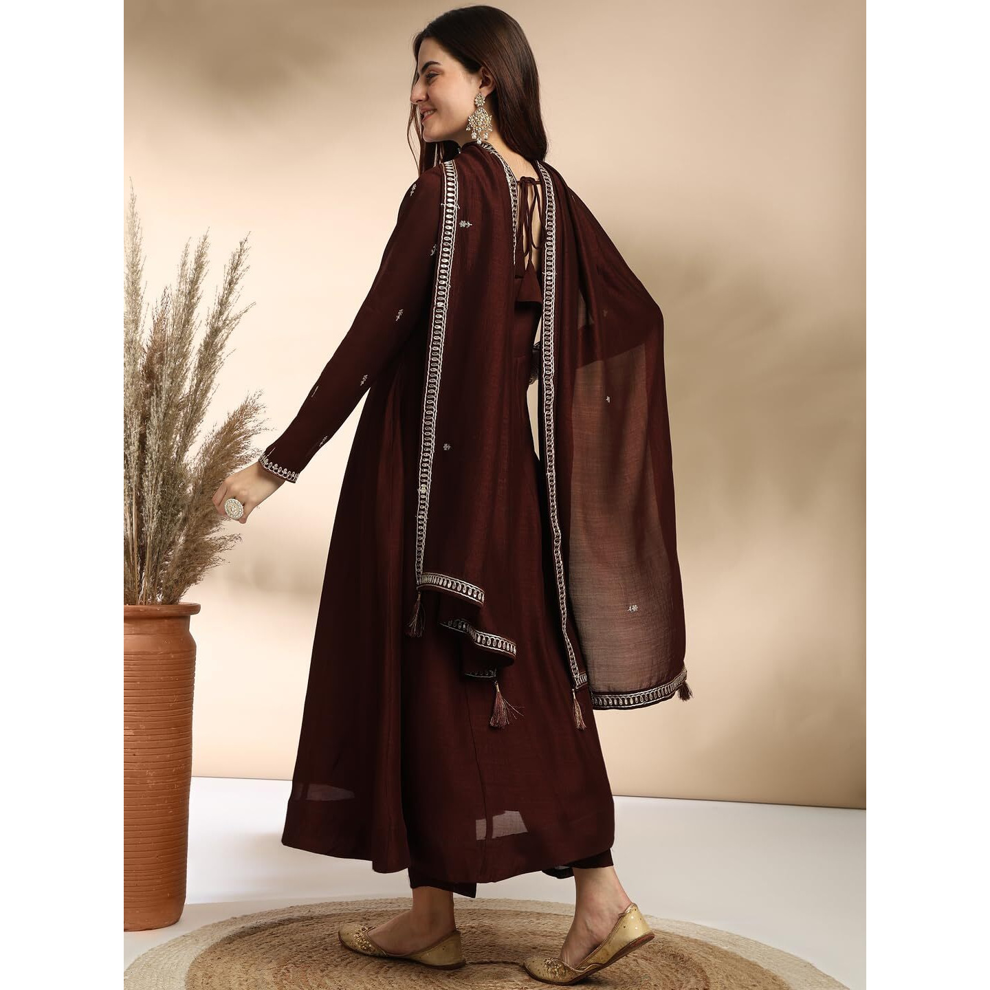 J TURRITOPSIS Women's Silk Kurta & Pant with Dupatta Set (417-04-XXL_Coffee)