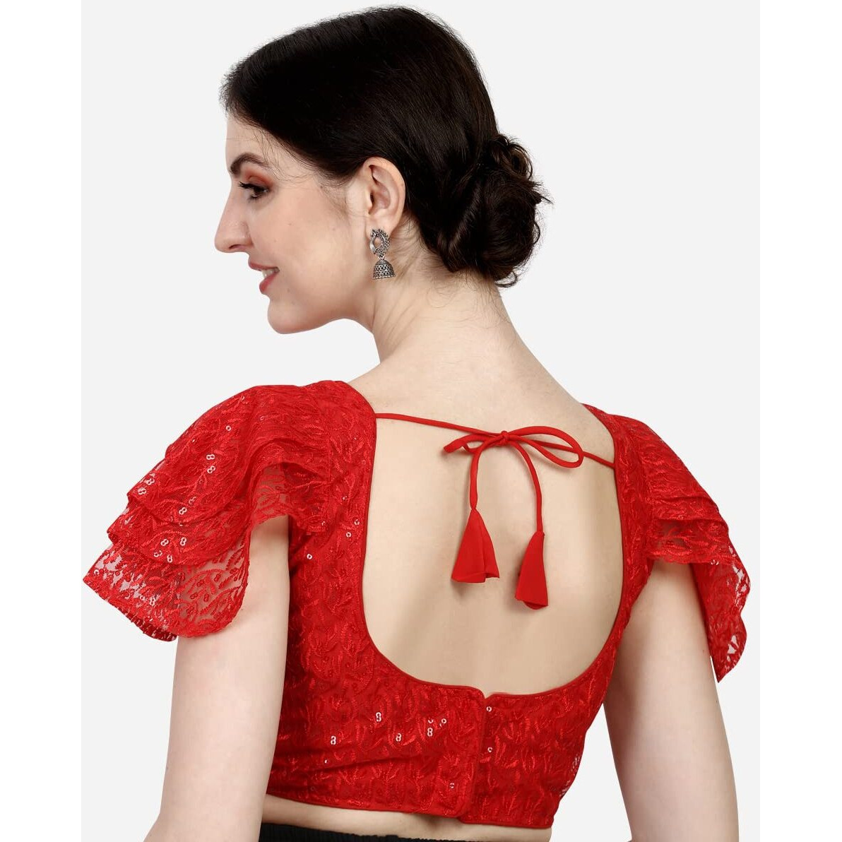 Pujia Mills Women's Shipali Net Work Ruffle Sleeves Readymade Saree Blouse (Shipli Jhadu Red_Red_38 Size + Margin)