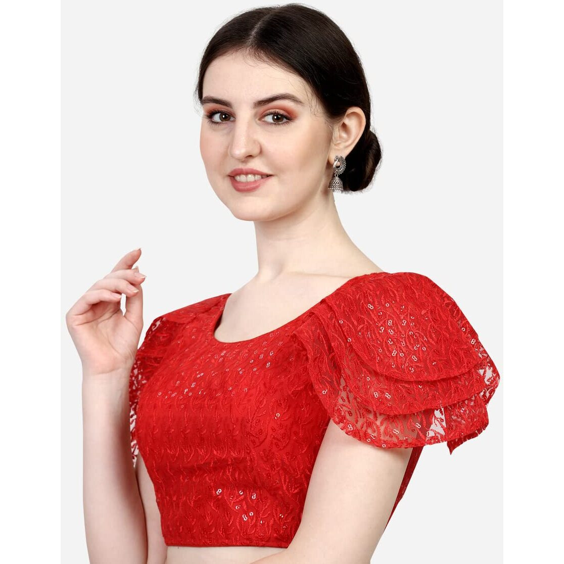 Pujia Mills Women's Shipali Net Work Ruffle Sleeves Readymade Saree Blouse (Shipli Jhadu Red_Red_38 Size + Margin)