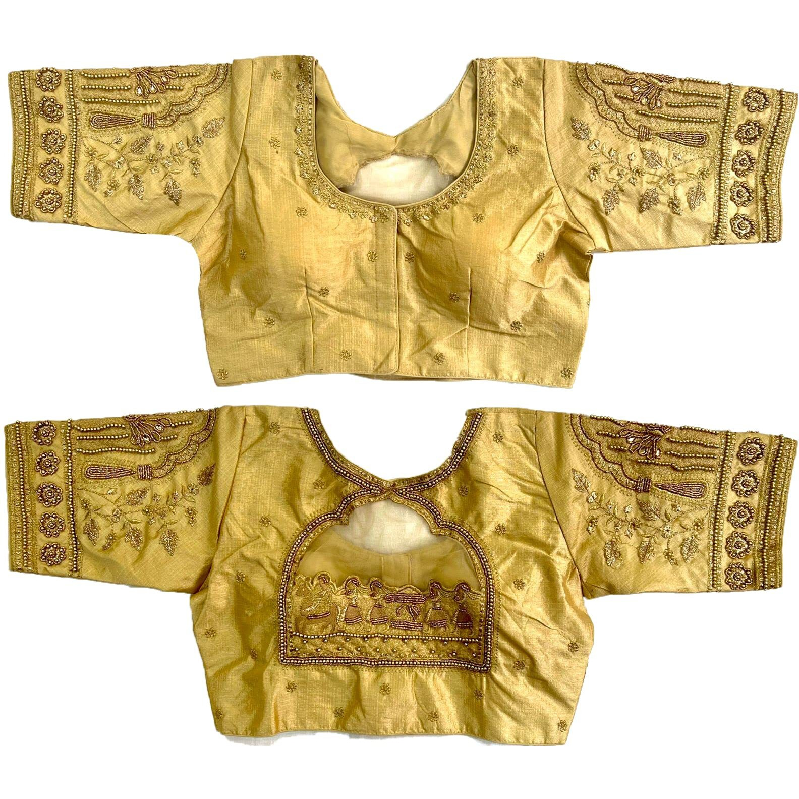Pujia Mills Women's Golden Zari Embroidery Work with Heavy Maggam Work Gold Blouse(Ruby Gold_38)