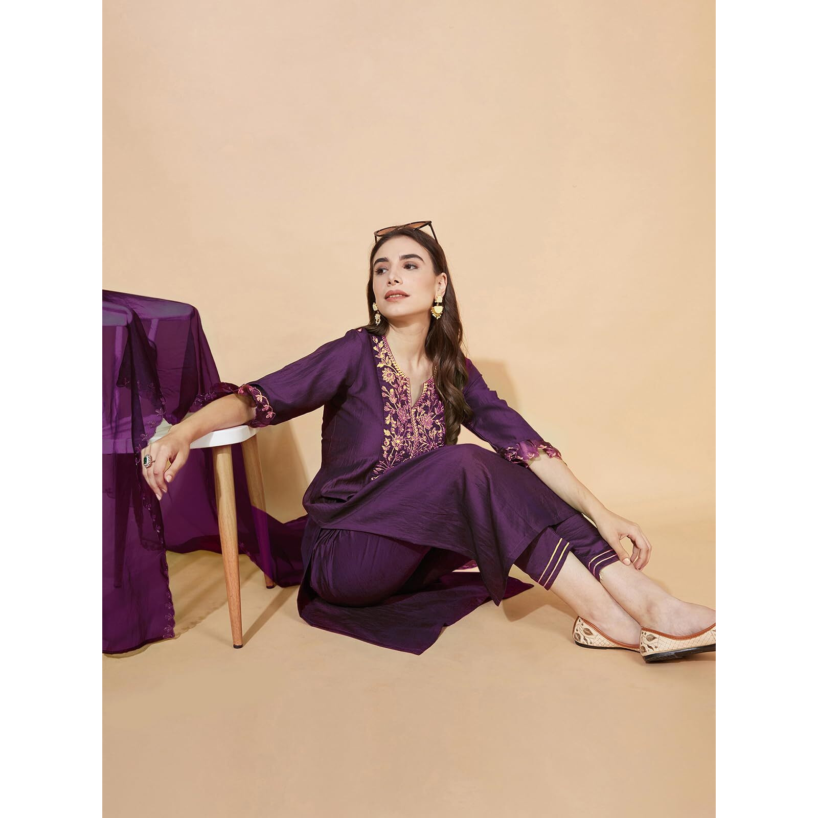 Sanisa Women's Chinnon Silk & Organza Sequence and Embroidery Work Straight Kurta with Pant and Dupatta Set (38KBD476NB-XL_Wine)
