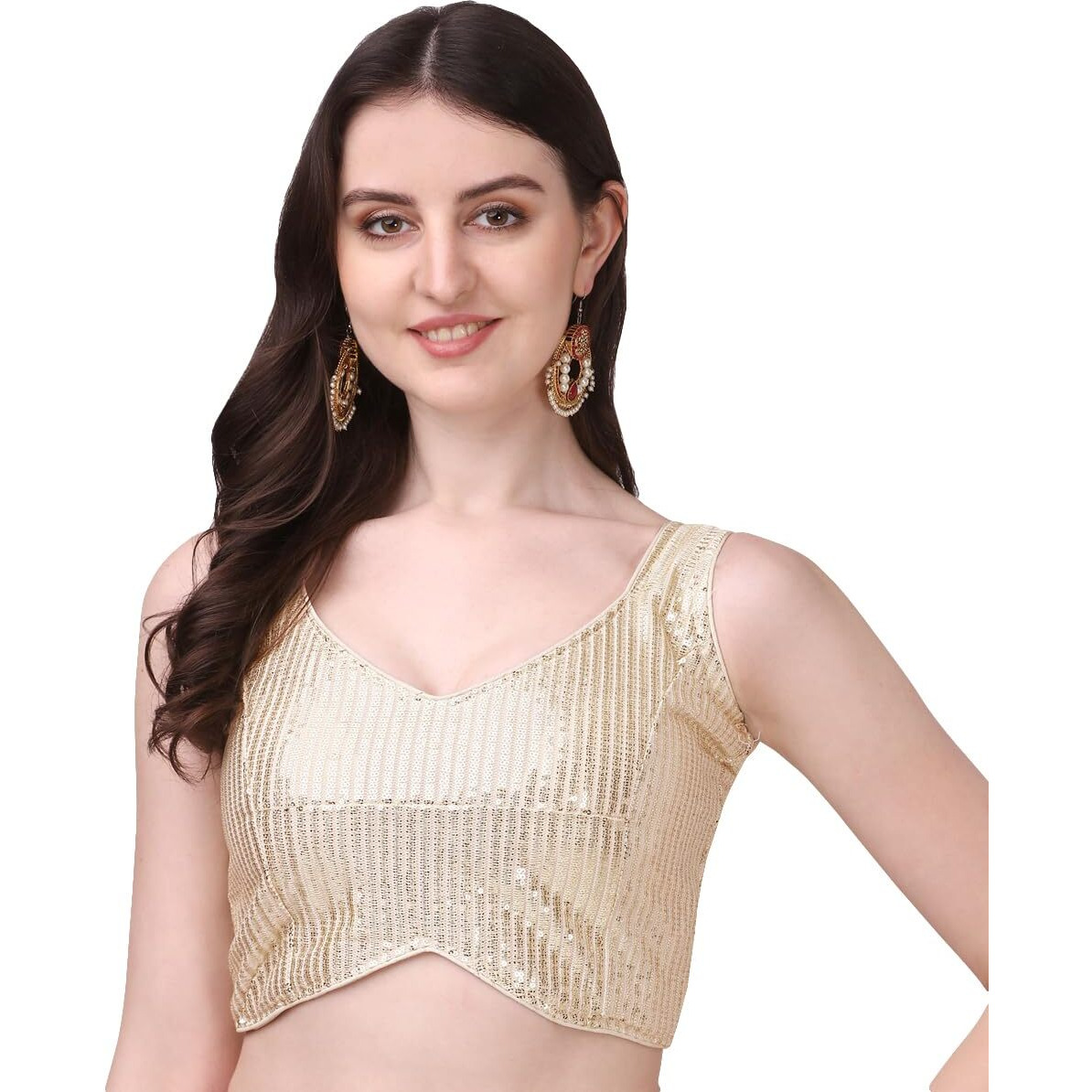 Pujia Mills Women's Multicolor Sweetheart Neck Georgette Line Soft Embroidery Sequence Zari Work Sleeves Readymade Saree Blouse (34, Cream)
