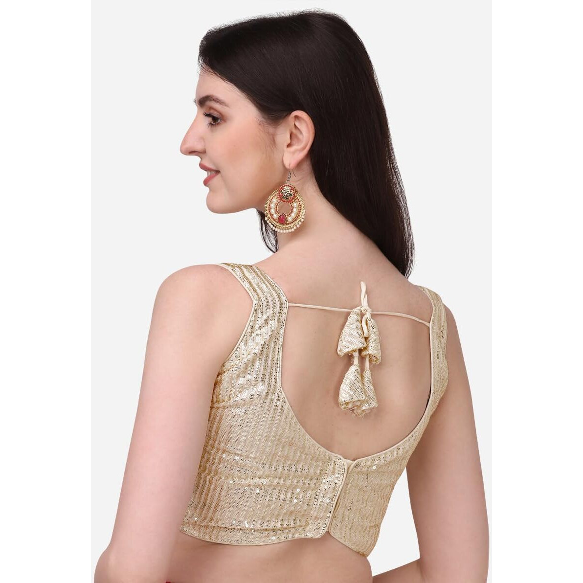 Pujia Mills Women's Multicolor Sweetheart Neck Georgette Line Soft Embroidery Sequence Zari Work Sleeves Readymade Saree Blouse (34, Cream)