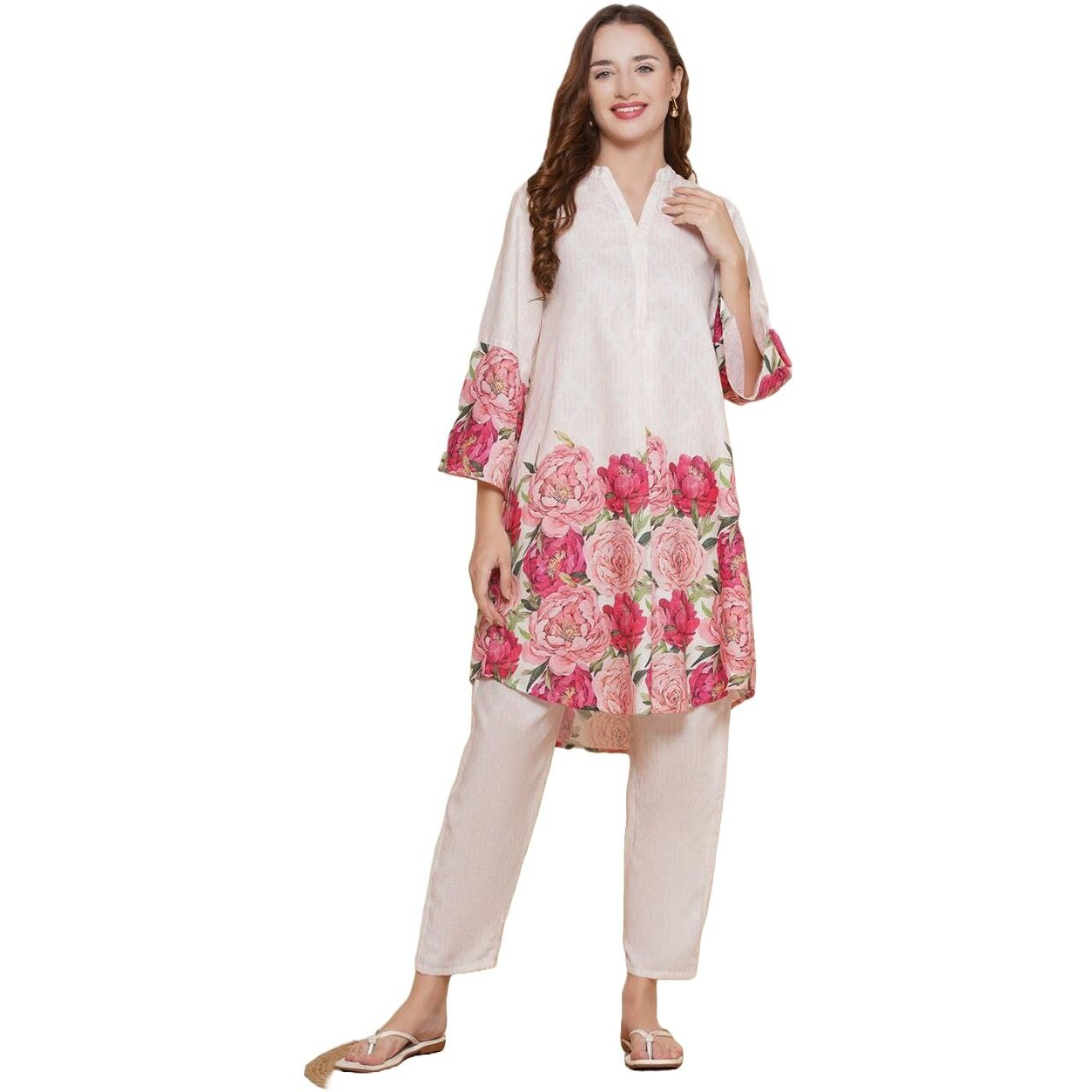 Modestouze Attires Women's Rayon Blend Straight Floral Printed Kurta with Pant | Women Co-ord Set | Kurta Set For Women (IN, Alpha, S, Regular, White)
