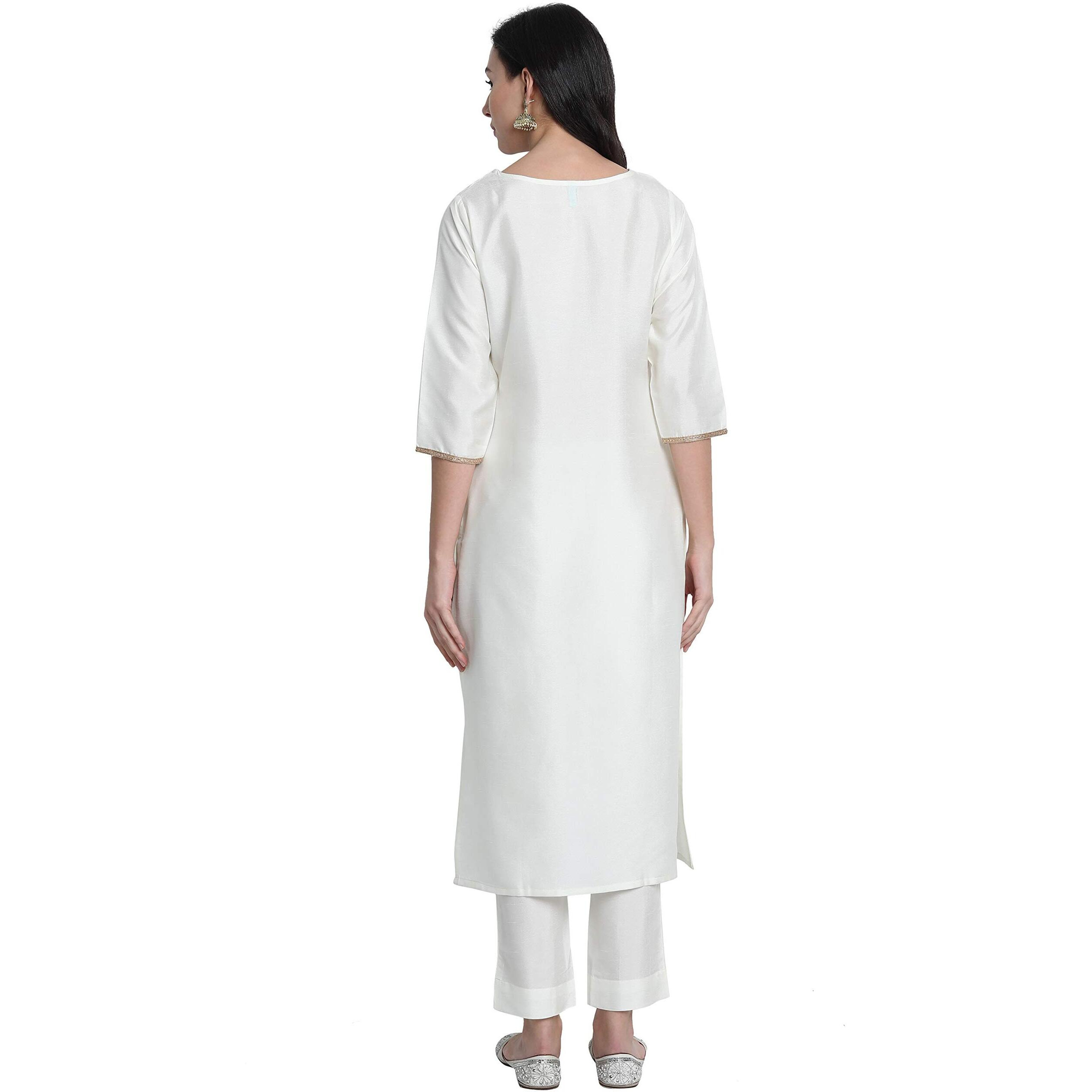 Janasya Women's Off-White Poly Silk Solid Kurta with Pant and Dupatta(SET268-KR-NP-M)
