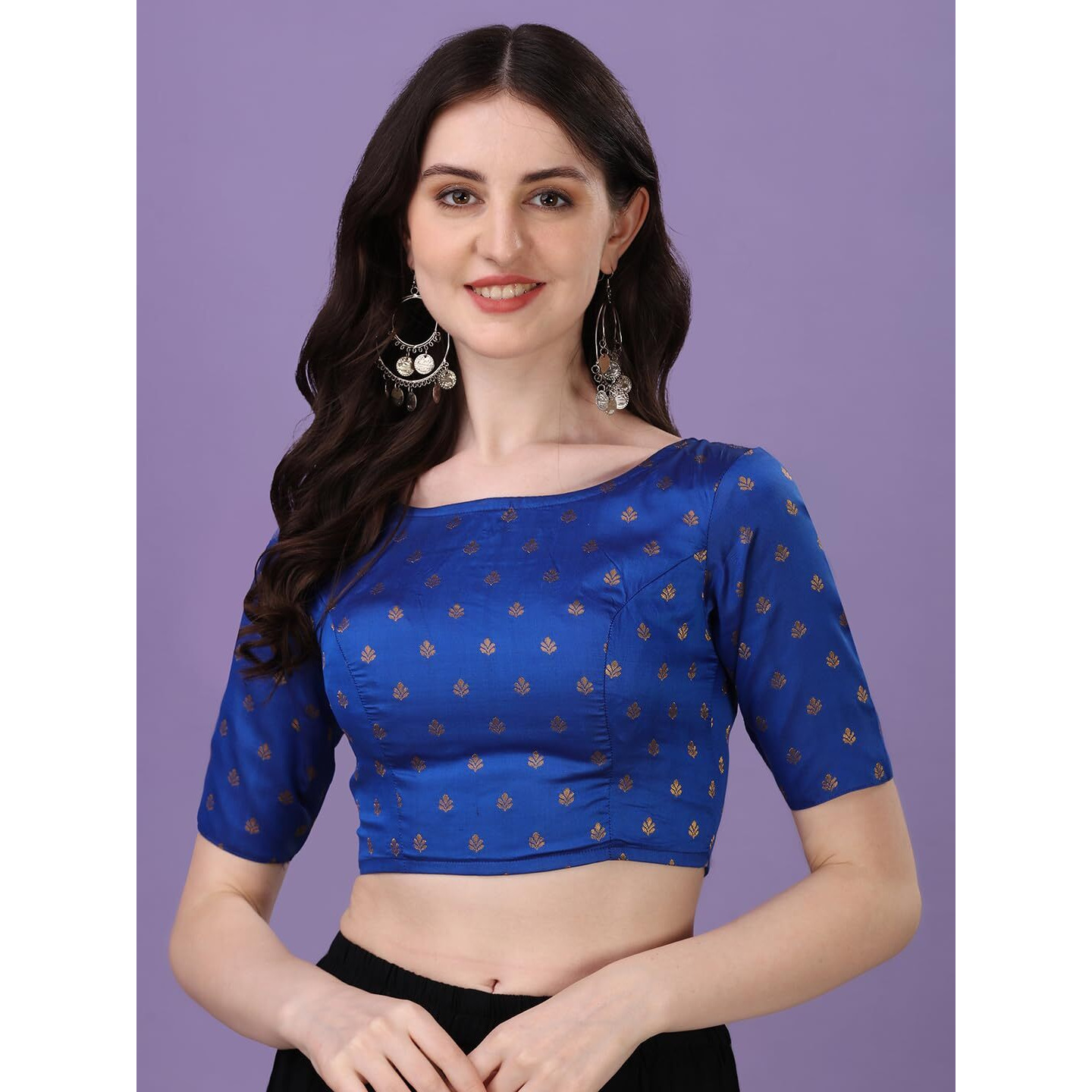 OOMPH Readymade Blouse for Women, Brocade, Blue, Boat Neck