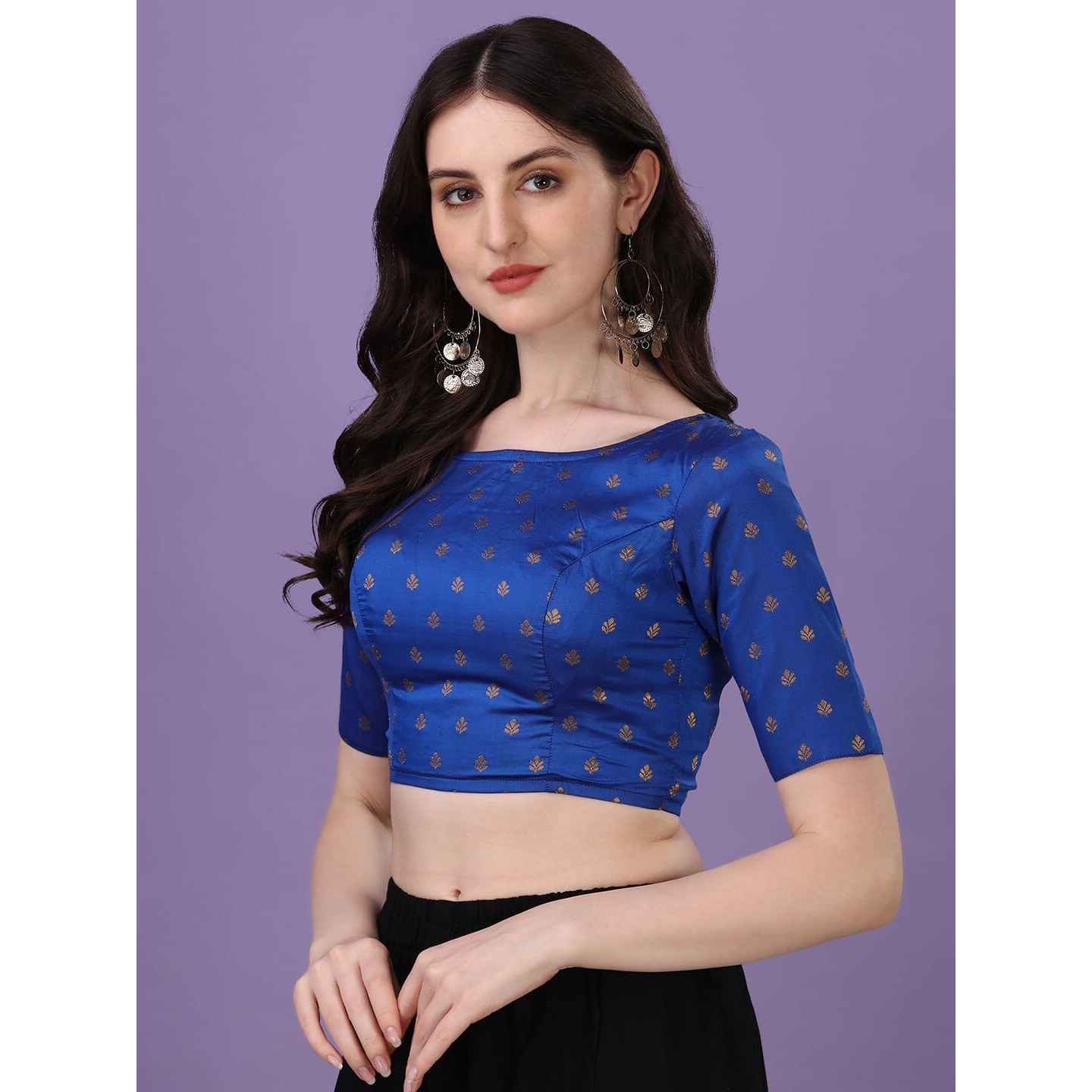OOMPH Readymade Blouse for Women, Brocade, Blue, Boat Neck