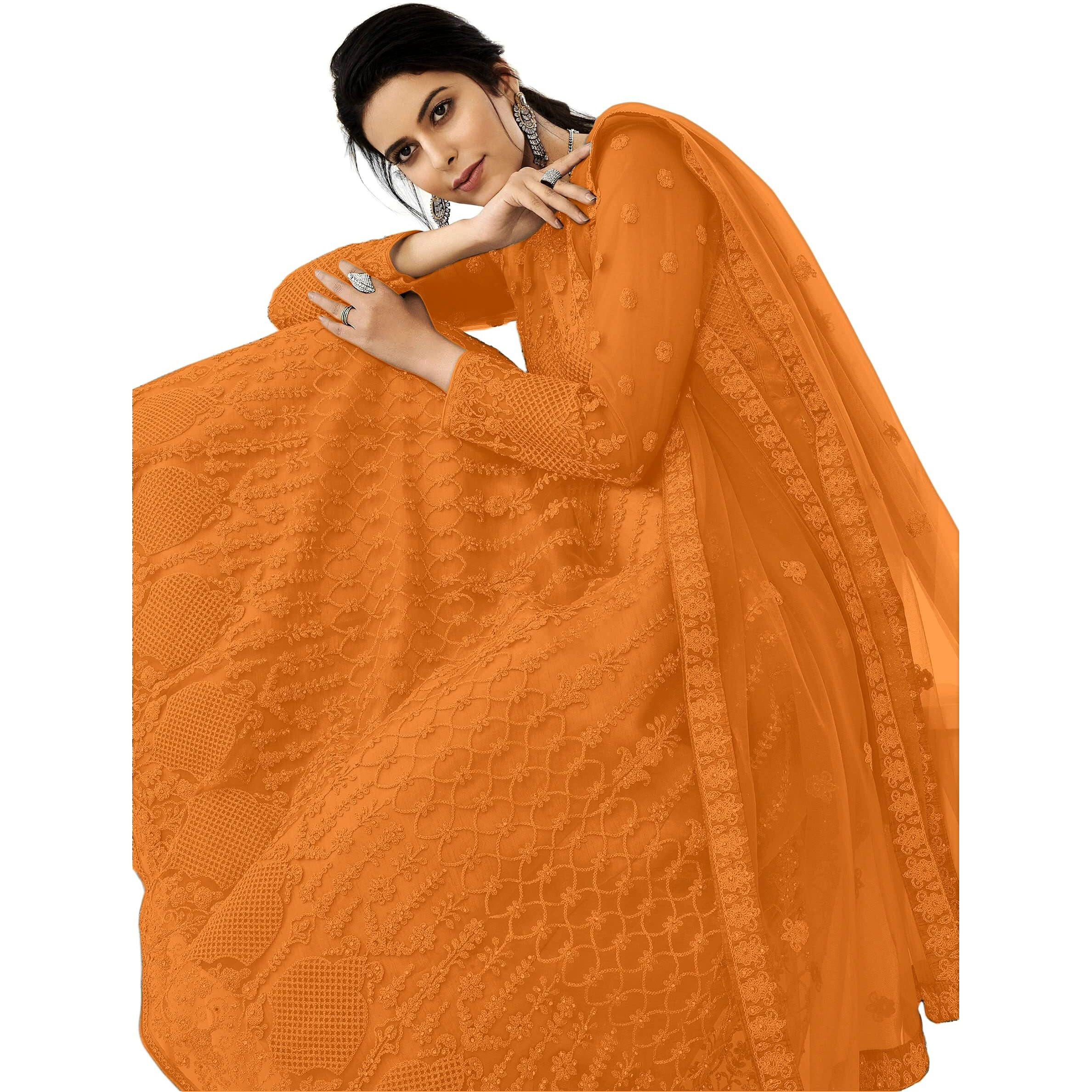 PATLANI Women Long Orange Gown, Net with Ultra Satin Inner Ethnic Flared Gown for Girl's/Women's Semi Stitched Gown (Orange)