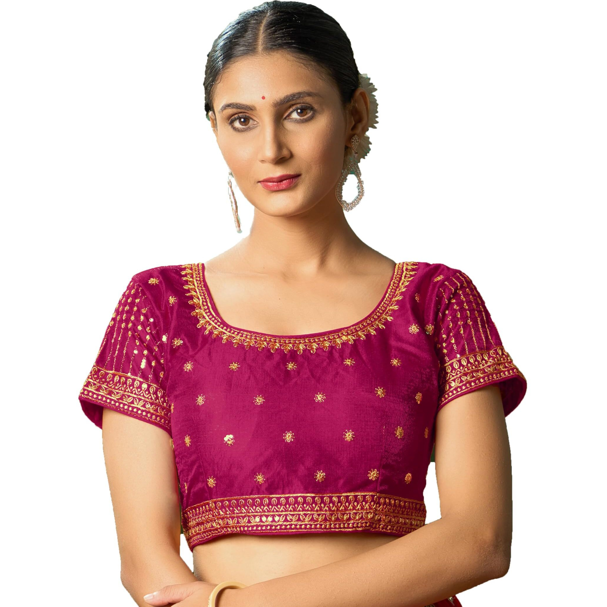 Pujia Mills Women's Pink Readymade Blouse Embroidery Multi Coding Gold Thread Indian Ethnic Designer Blouse Stitched Women's Readymade Short Sleeve Saree Blouse for Women for Saree Lehenga Choli