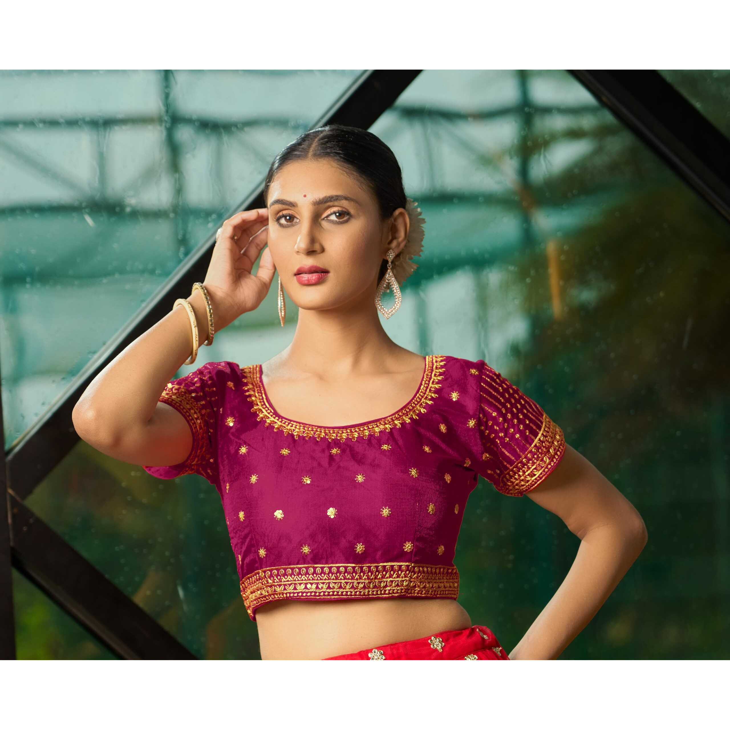 Pujia Mills Women's Pink Readymade Blouse Embroidery Multi Coding Gold Thread Indian Ethnic Designer Blouse Stitched Women's Readymade Short Sleeve Saree Blouse for Women for Saree Lehenga Choli