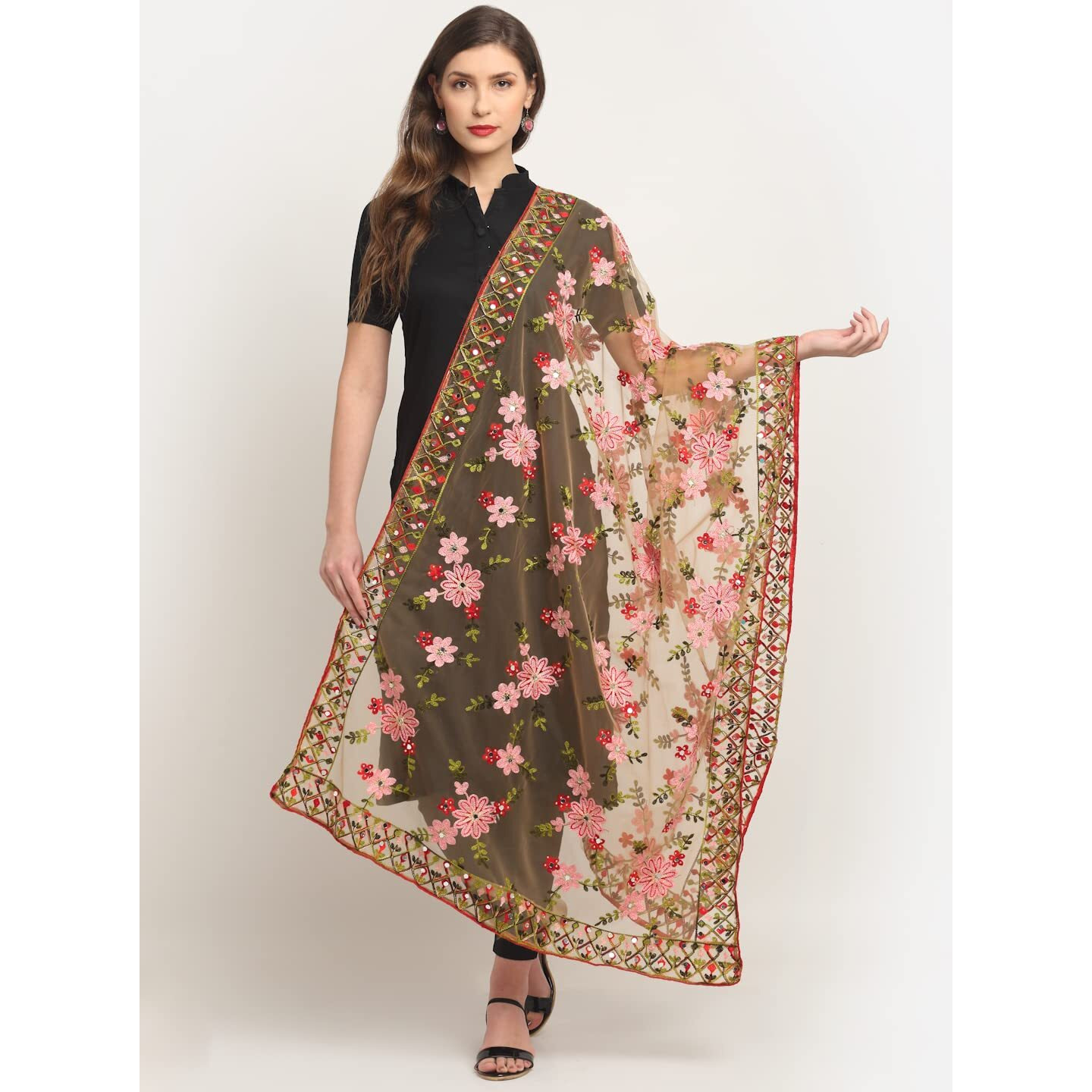 Shasmi Women's Heavy Net Embroidered Fancy phulkari work Dupatta for women (ONLY Dupatta) (Chikku)