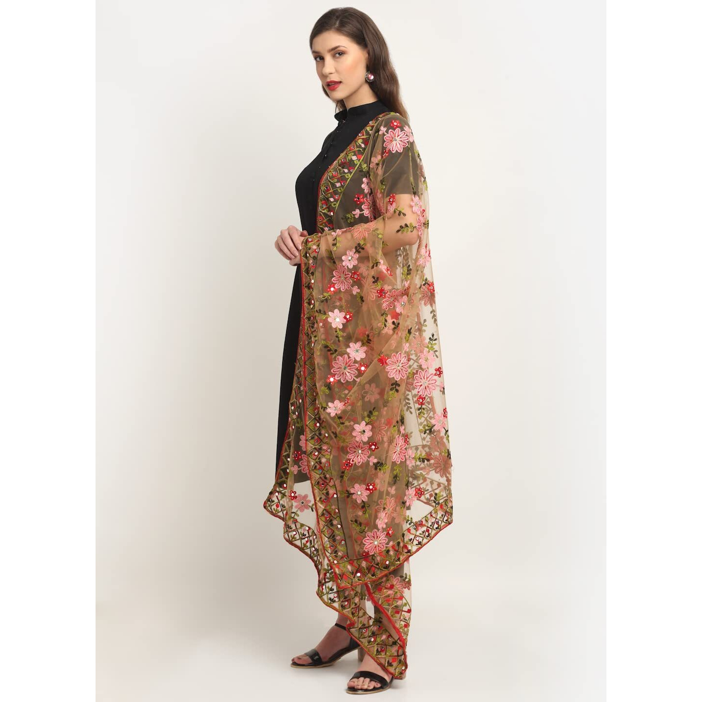 Shasmi Women's Heavy Net Embroidered Fancy phulkari work Dupatta for women (ONLY Dupatta) (Chikku)
