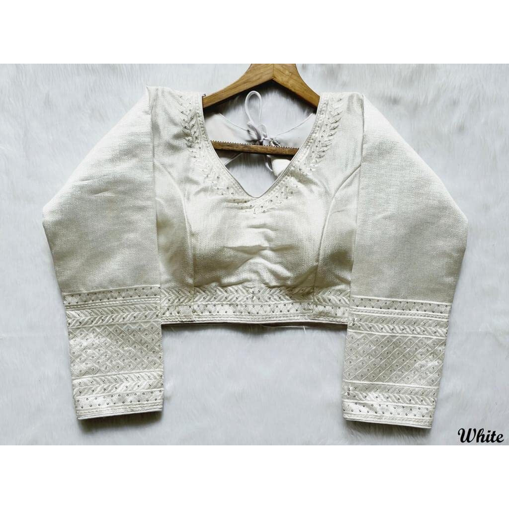 Pujia Mills Milan Silk Full Sleeve V Neck Multi Embroidery Trendy Saree Blouse(Rukmini White 42)