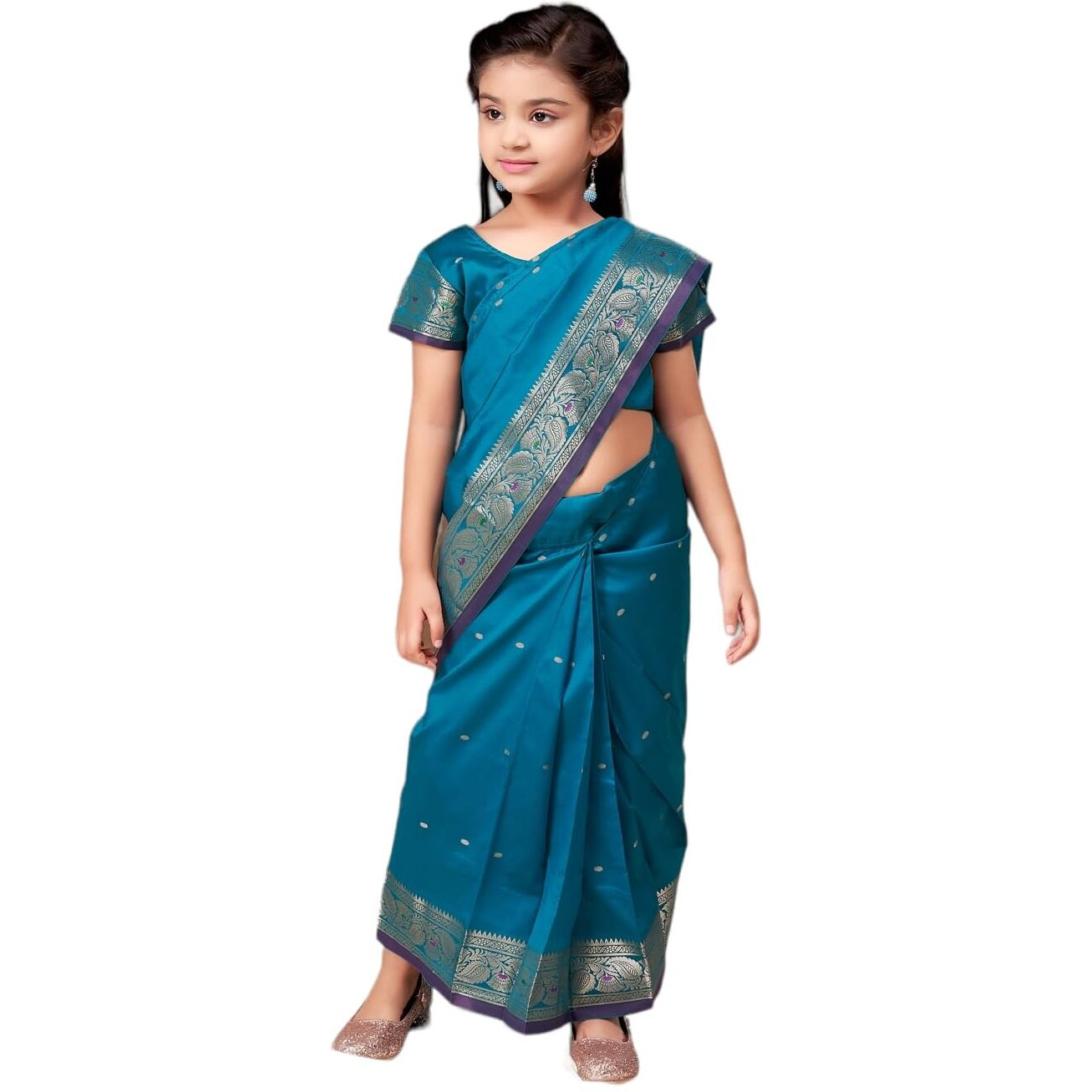 Aarika Girls Ethnic Wear Rama Green Colour Krishma Silk Saree (3-9 Years)
