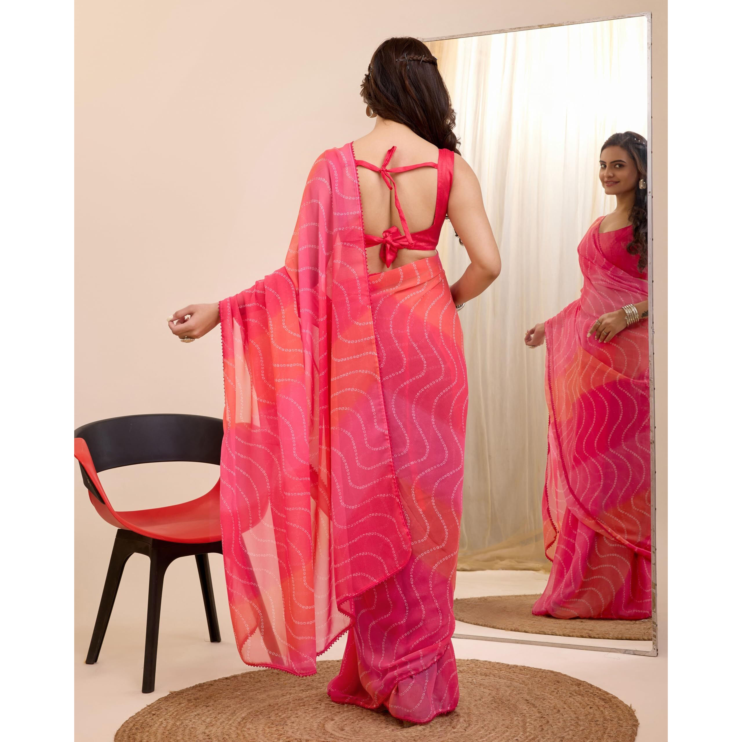 VAIRAGEE Women Soft Georgette Stylish Printed Ready To Wear Saree With Unstitched Blouse (2054) (Neon Pink)