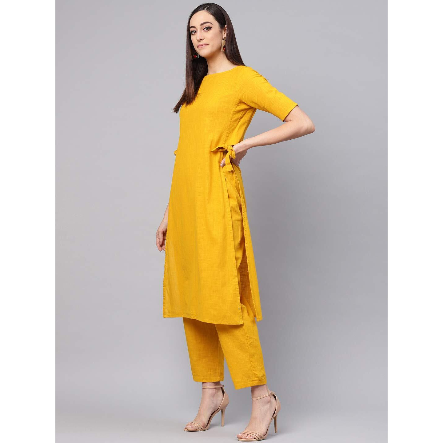 idaLia Mustard Straight Cotton Solid Kurta Set for Women Stylish Boat Neck Design Kurta Set with Pant