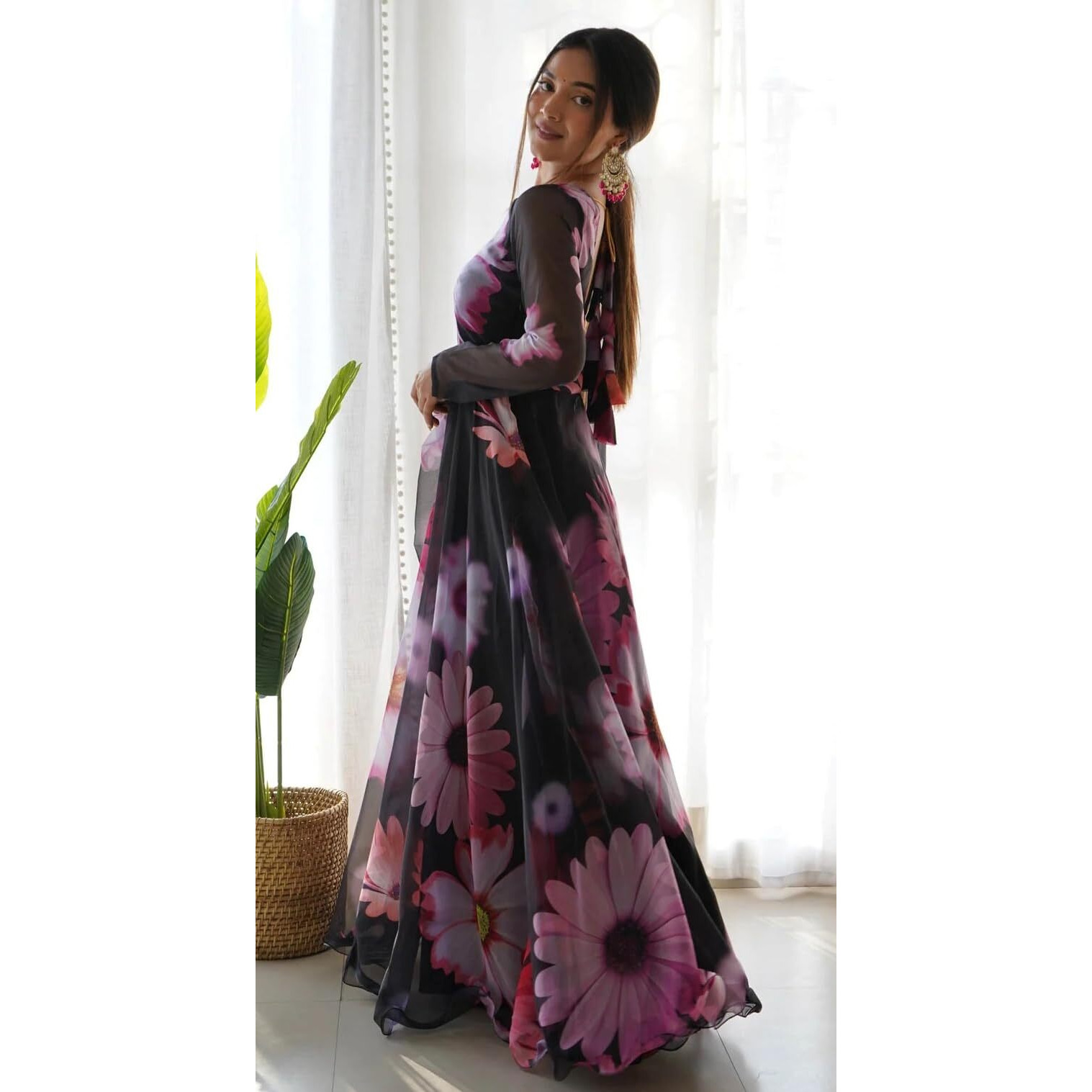 Shasmi Women's Stylish Floral Printed Black Orgenza Anarkali Dress Gown, Kurta with Dupatta Set Anarkali Floral Printed Gown with Dupatta (Gown 130 Black-L)