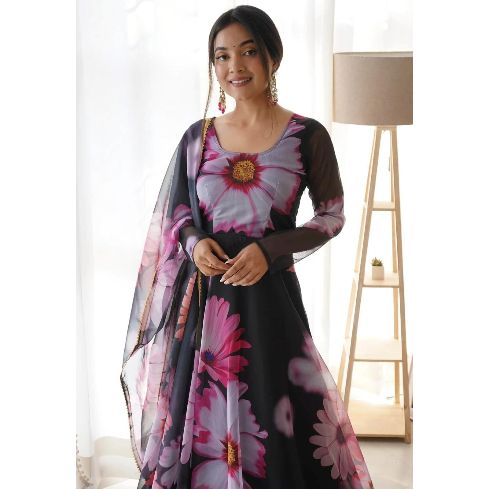 Shasmi Women's Stylish Floral Printed Black Orgenza Anarkali Dress Gown, Kurta with Dupatta Set Anarkali Floral Printed Gown with Dupatta (Gown 130 Black-L)