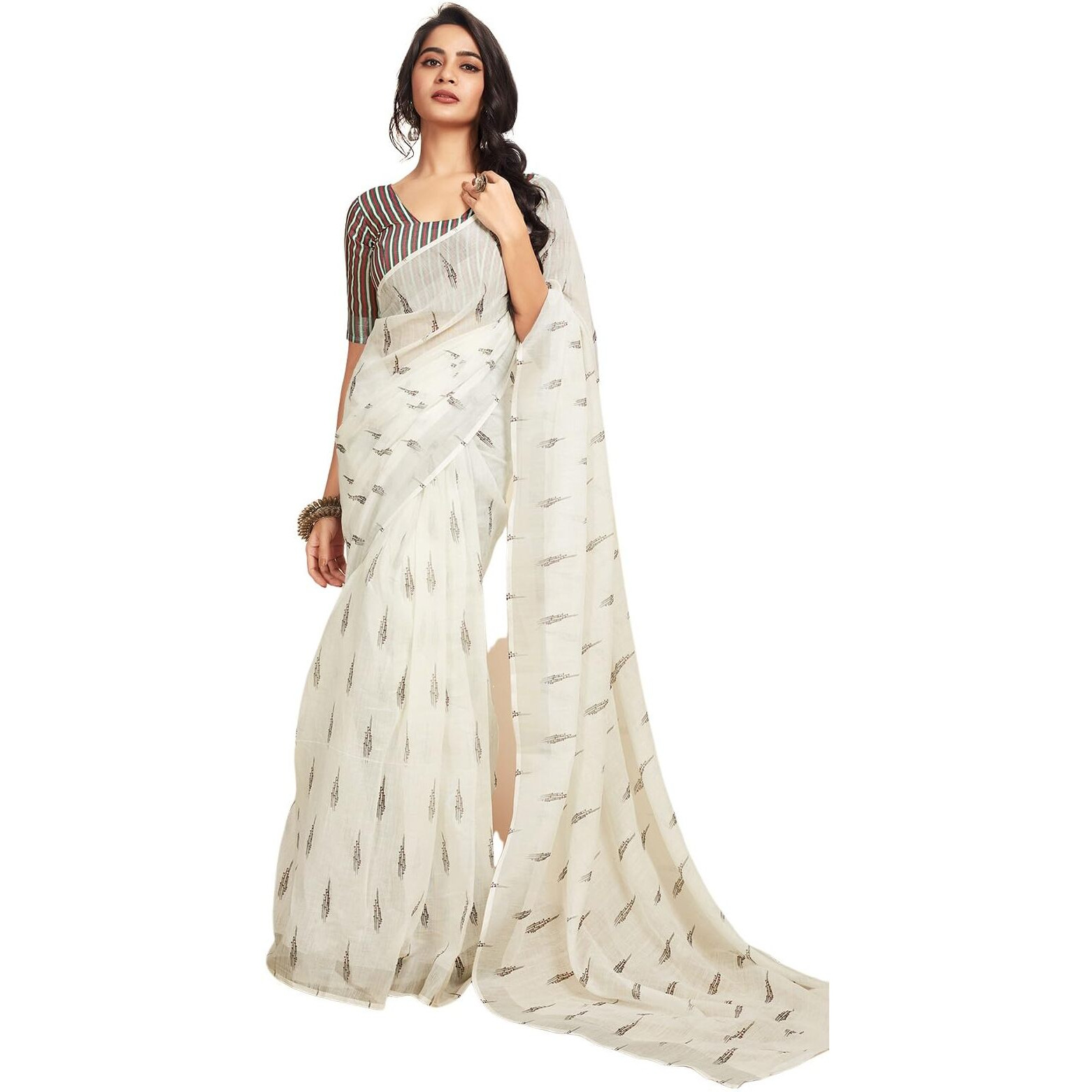 Satrani Women's Cotton Printed Zari Stripe Ready To Wear Saree with Unstitched Blouse Piece (18RS165N_White4)