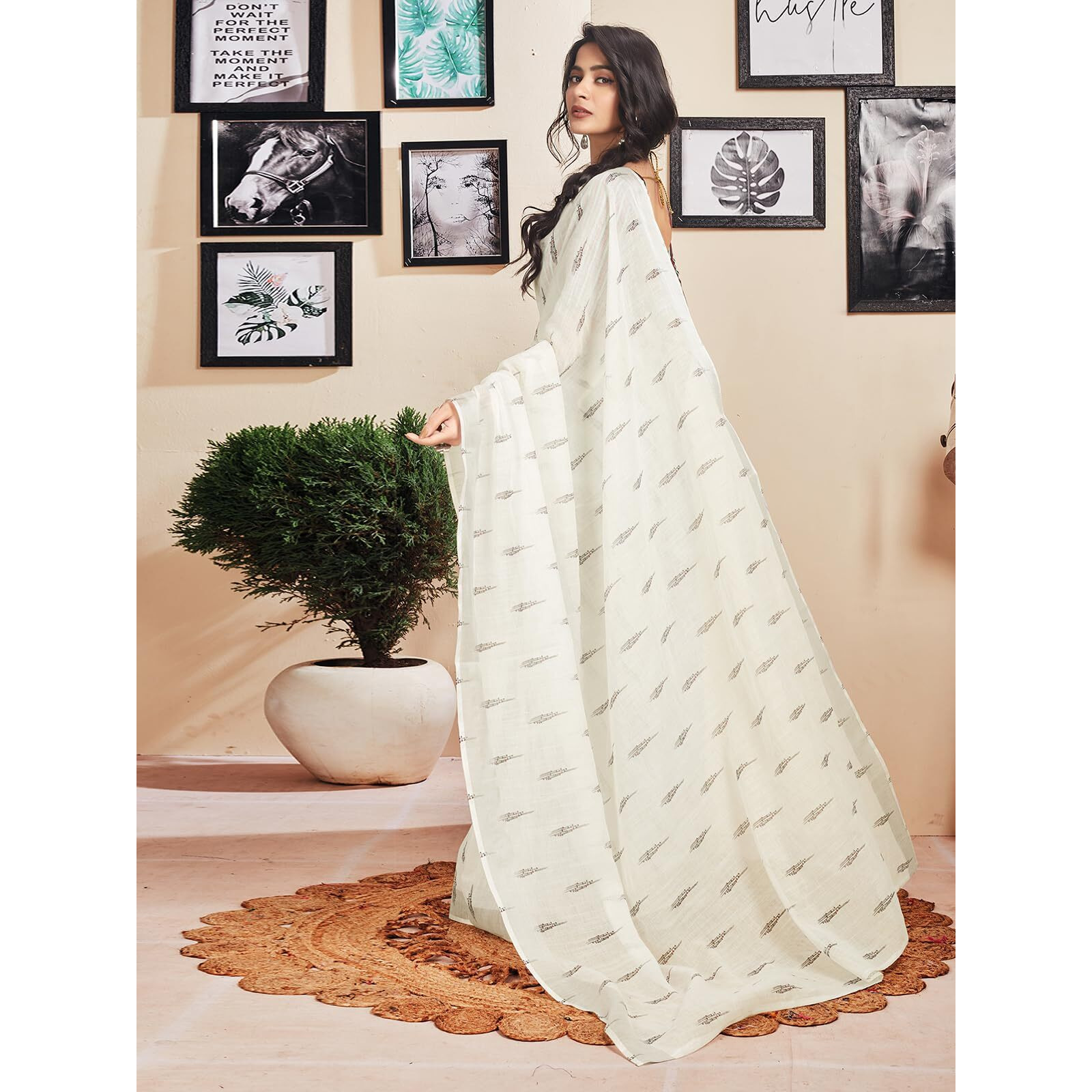 Satrani Women's Cotton Printed Zari Stripe Ready To Wear Saree with Unstitched Blouse Piece (18RS165N_White4)