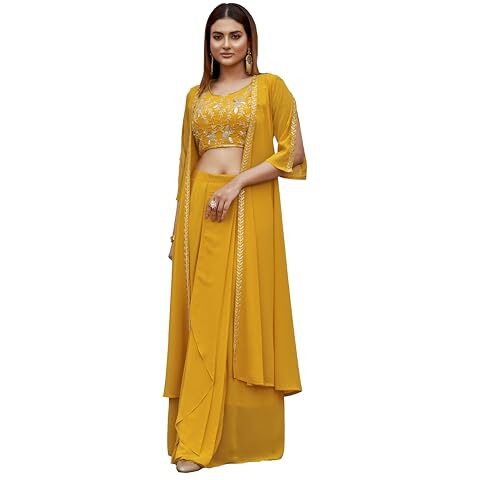 Womanista Women's Georgette Solid Straight Embroidered Kurta Set (Kurtaset_1386_Yellow
