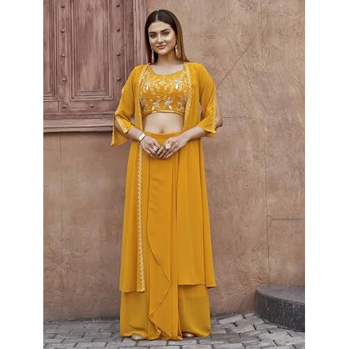 Womanista Women's Georgette Solid Straight Embroidered Kurta Set (Kurtaset_1386_Yellow