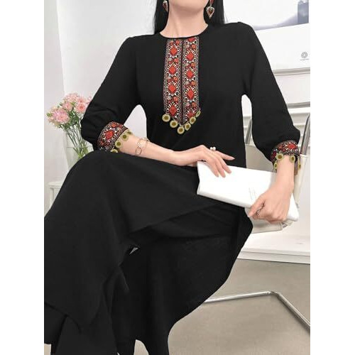 TADKEE Women's Vintage Patchwork with Pendant Decor Lace | 3/4 Sleeve | Kurta Set for Women (FN-Pop-Lace-Kurta-Set-122-Black-XL)