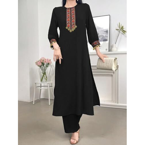 TADKEE Women's Vintage Patchwork with Pendant Decor Lace | 3/4 Sleeve | Kurta Set for Women (FN-Pop-Lace-Kurta-Set-122-Black-XL)