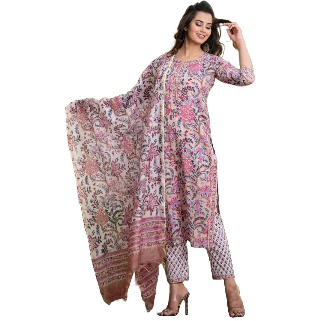 KLOSIA Women Printed Straight Kurta and Pant Set with Dupatta (Large) Pink