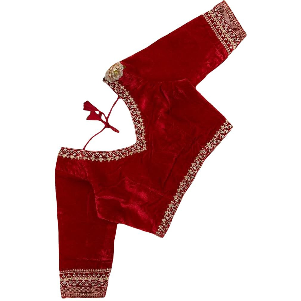 Pujia Mills Women's Velvet Blouse for Women Readymade Blouse Half Sleeves Embroidery Blouse aari Work Blouse Readymade Saree Blouse Choli for Women Readymade Choli Blouse (Velvet 501 Red 38)
