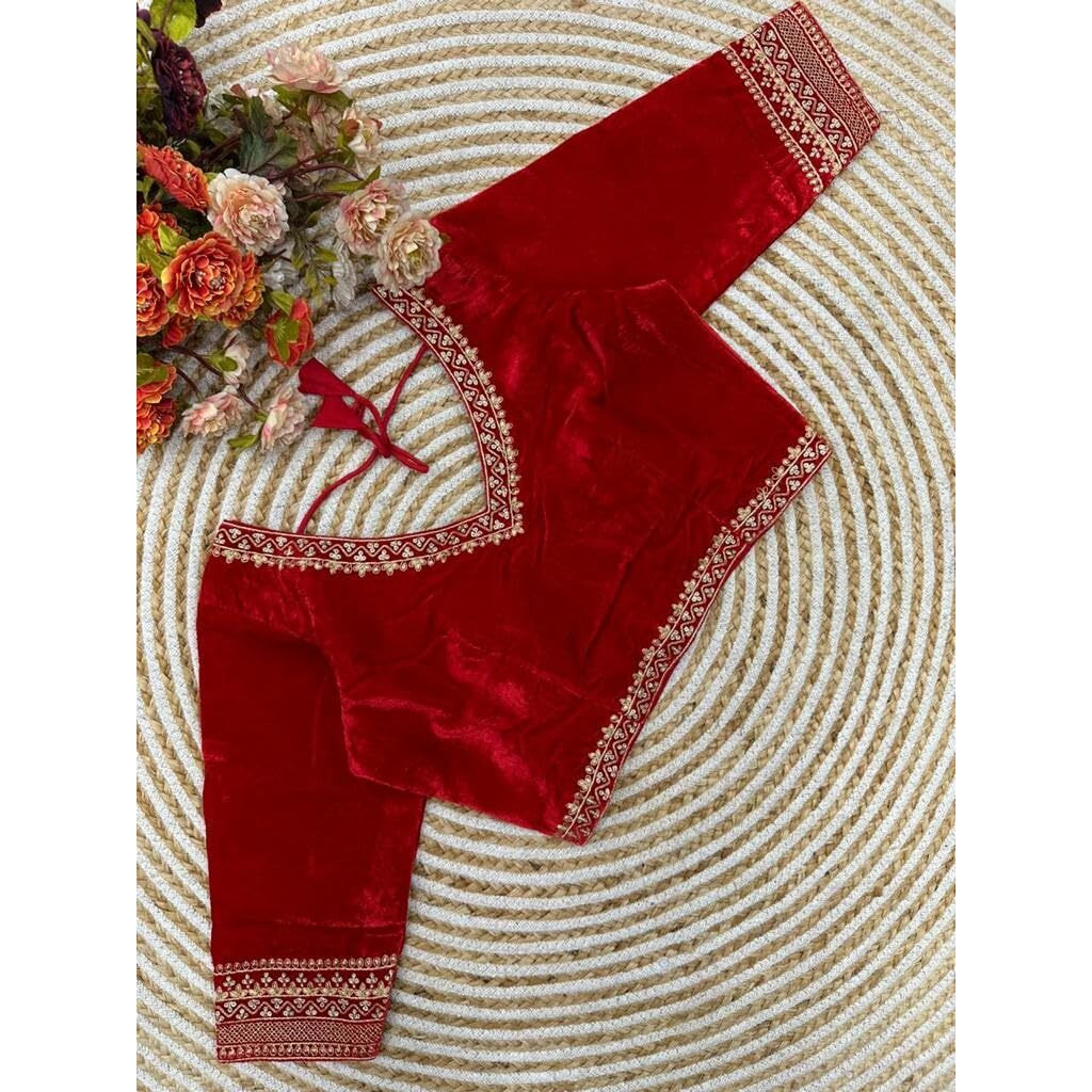 Pujia Mills Women's Velvet Blouse for Women Readymade Blouse Half Sleeves Embroidery Blouse aari Work Blouse Readymade Saree Blouse Choli for Women Readymade Choli Blouse (Velvet 501 Red 38)
