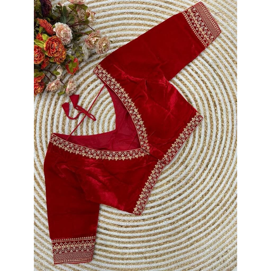 Pujia Mills Women's Velvet Blouse for Women Readymade Blouse Half Sleeves Embroidery Blouse aari Work Blouse Readymade Saree Blouse Choli for Women Readymade Choli Blouse (Velvet 501 Red 38)