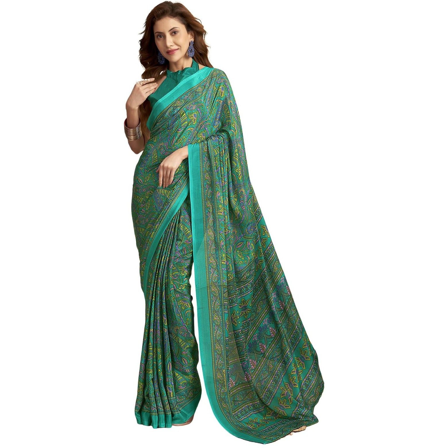 Satrani Women's Silk Crepe Paisley Printed Saree with Unstitched Blouse Piece (3844S2732N_Teal Green)