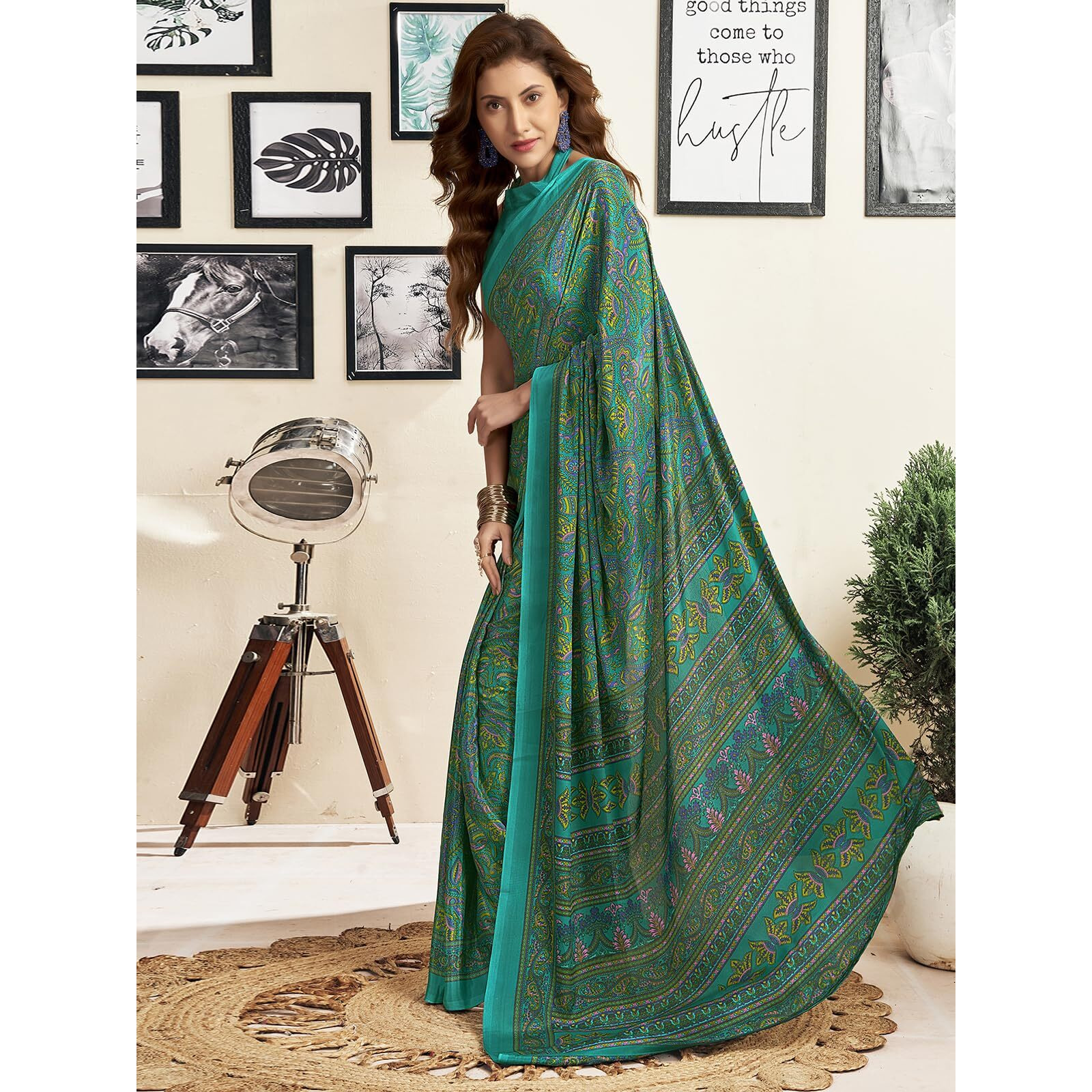 Satrani Women's Silk Crepe Paisley Printed Saree with Unstitched Blouse Piece (3844S2732N_Teal Green)