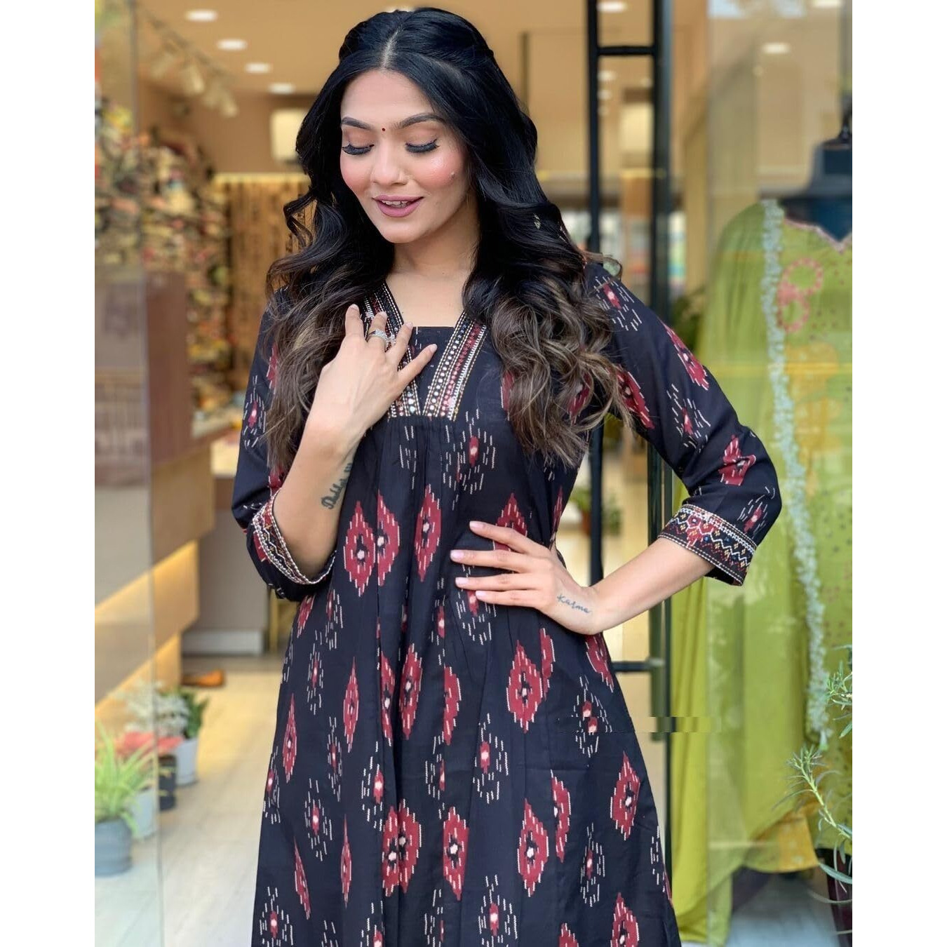 Nermosa Women Printed A-Line Kurta and Pant Set with Dupatta (IN, Alpha, M, Black)
