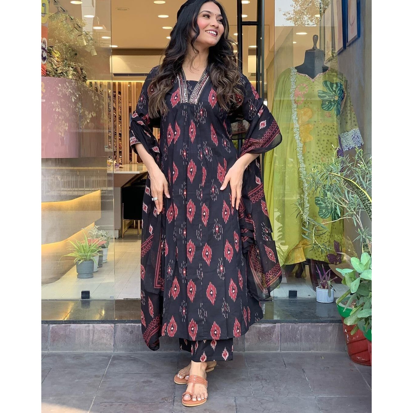 Nermosa Women Printed A-Line Kurta and Pant Set with Dupatta (IN, Alpha, M, Black)