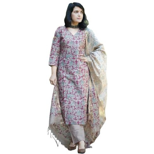 ANNI DESIGNER Women's Cotton Blend Printed Straight Kurta with Pant & Dupatta (Moringa Pink_XXL_Pink_XX-Large)