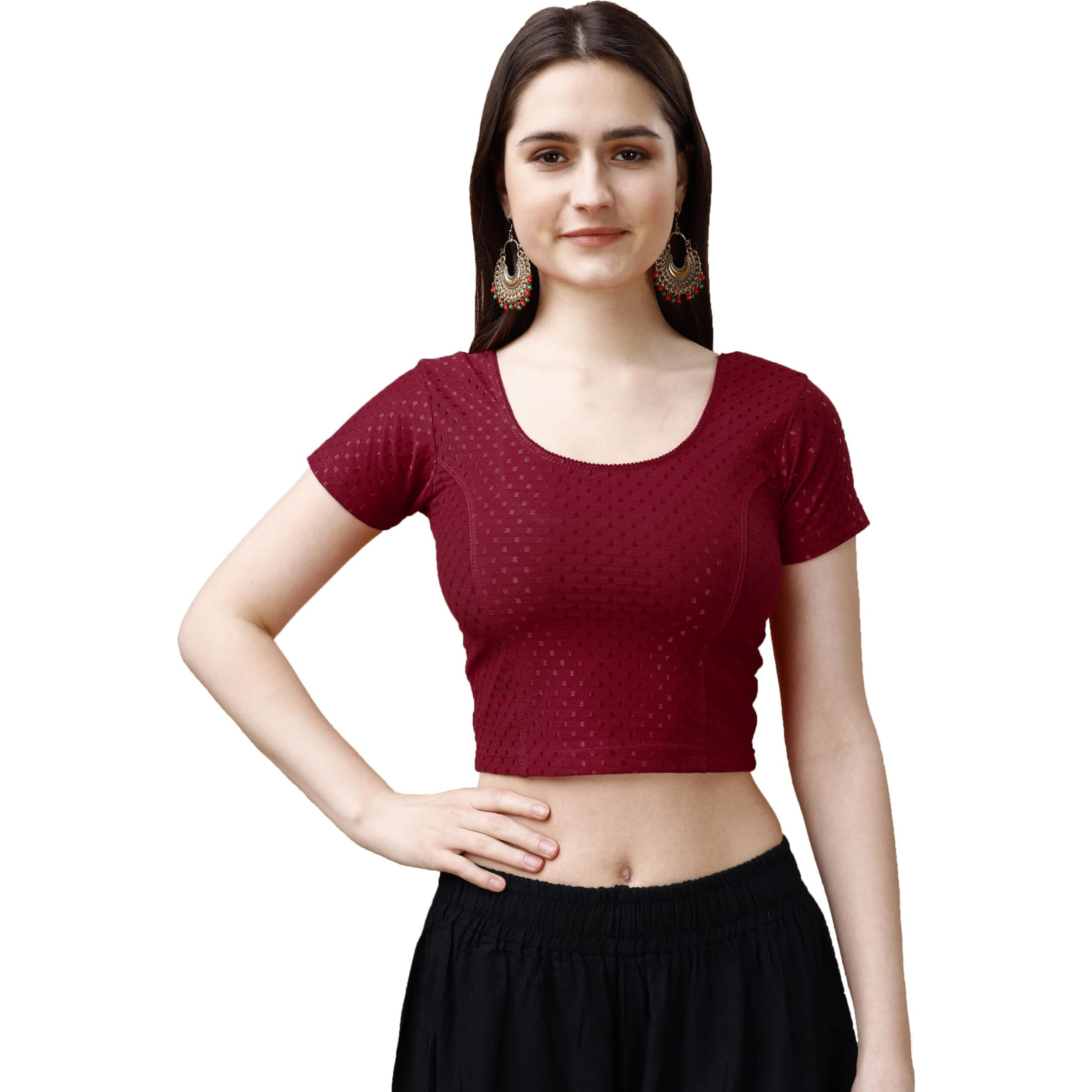 Pujia Mills Women's Readymade Dobby Cotton Lycra Stretchable Round Neck Short Sleeve Blouse Fancy Maroon Color Lycra Stretchable Blouse for Women Stylish Readymade Saree Blouse
